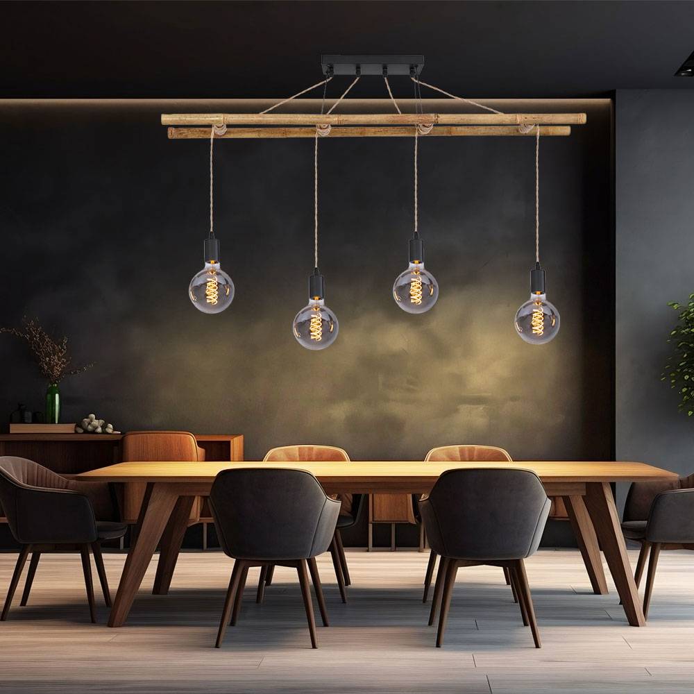 Pendelleuchte Bambus Hängeleuchte Landhaus Stil Pendellampe Bambus Leiter, Hanfseil naturfarben, 4x E27, Lx H 120 x 160 cm