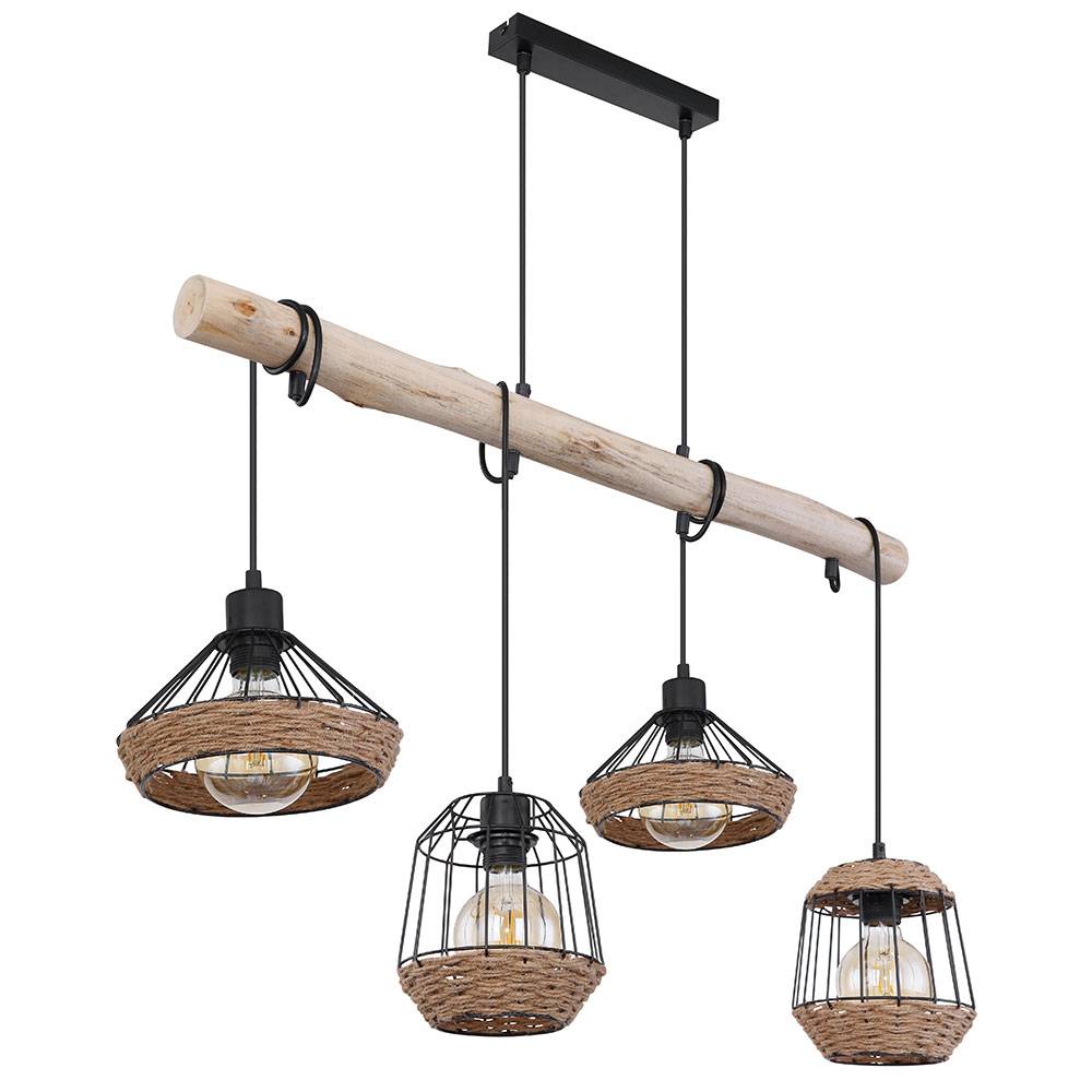 Hängeleuchte Holzbalken Hängelampe Hanfseil Retro Holz Käfig-Design Esszimmerlampe hängend 4 Flammig, Kabel schwarz, 4x E27, LxBxH 105x21x120 cm