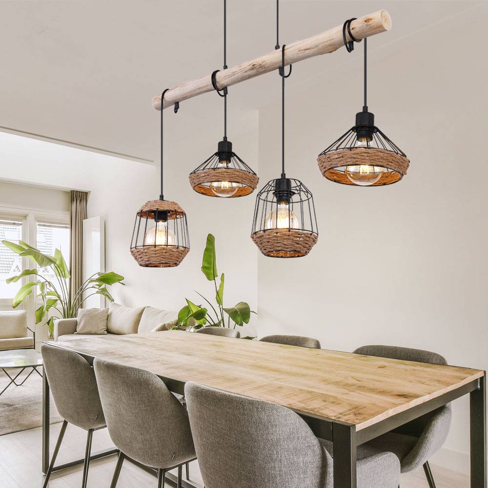 Hängeleuchte Holzbalken Hängelampe Hanfseil Retro Holz Käfig-Design Esszimmerlampe hängend 4 Flammig, Kabel schwarz, 4x E27, LxBxH 105x21x120 cm