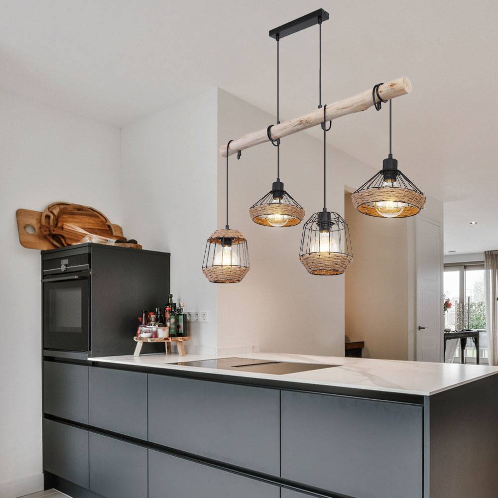 Hängeleuchte Holzbalken Hängelampe Hanfseil Retro Holz Käfig-Design Esszimmerlampe hängend 4 Flammig, Kabel schwarz, 4x E27, LxBxH 105x21x120 cm