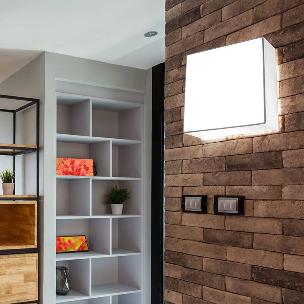 Wandleuchte Innen modern weiß Wandbeleuchtung Wandstrahler PVC Lampe Stahl Treppenhaus, quadrat, 1x E27, LxBxH: 25x25x12 cm