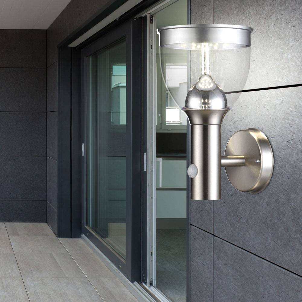 Solarlampen für Außen Garten Solarstrahler grau klar für Außen mit Bewegungsmelder Solarwandleuchten Edelstahl, Sensor, LED, H 28,7 cm