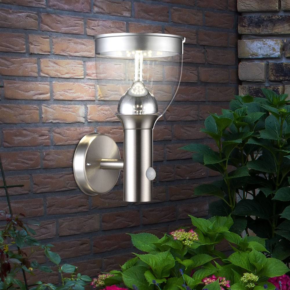 Solarlampen für Außen Garten Solarstrahler grau klar für Außen mit Bewegungsmelder Solarwandleuchten Edelstahl, Sensor, LED, H 28,7 cm