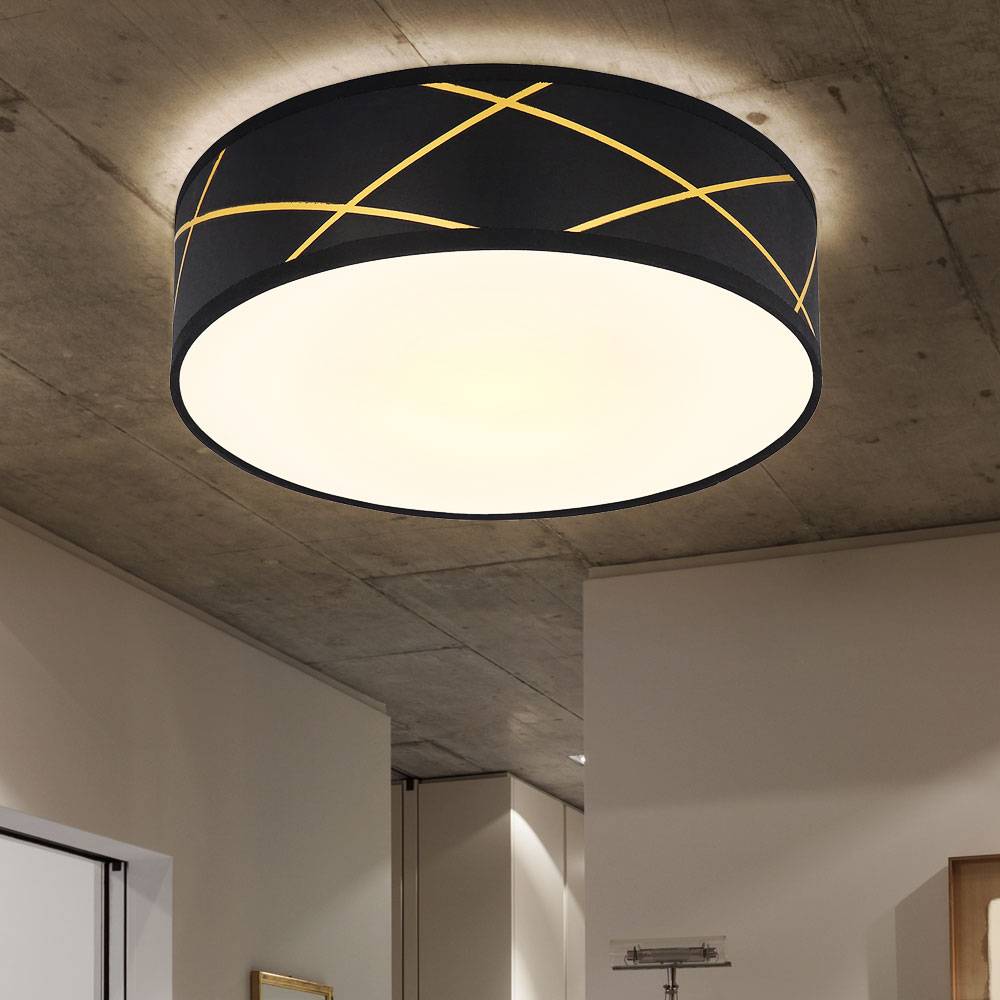 Deckenleuchte rund Stoff schwarz Stoffdeckenleuchte matt Deckenlampe Schlafzimmer, mit Textilschirm in goldfarben, DxH 40x12 cm