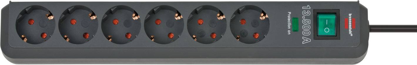 Brennenstuhl Eco-Line, Steckdosenleiste 6-fach mit Überspannungsschutz (Steckerleiste mit erhöhtem Berührungsschutz, Schalter und 1,5m Kabel) anthr