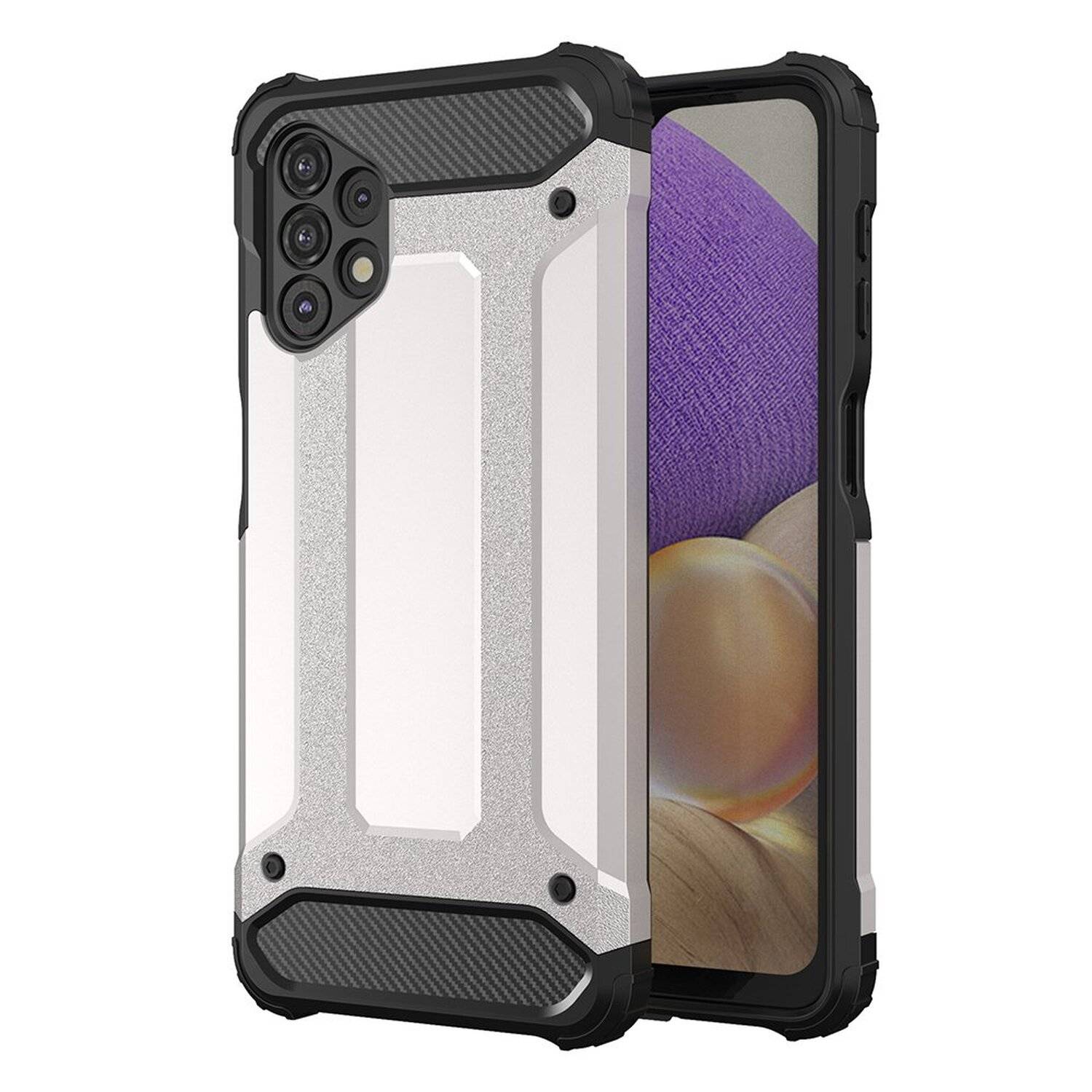 Hybrid Armor Etui SchutzHülle Case Bumper Cover Handyhülle Matt Hülle Robust Rutschfest für Samsung Galaxy A32 5G Silber