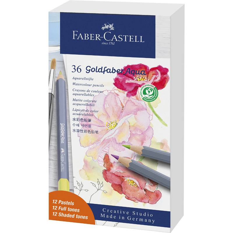 Faber-Castell 36 Goldfaber Aqua Aquarellstifte-Set in einer Box mit floraler Aquarell-Illustration und Bleistiftabbildungen. Enthält 12 Pastelltöne, 12 kräftige Farbtöne, 12 schattierte Töne. Hergestellt in Deutschland.