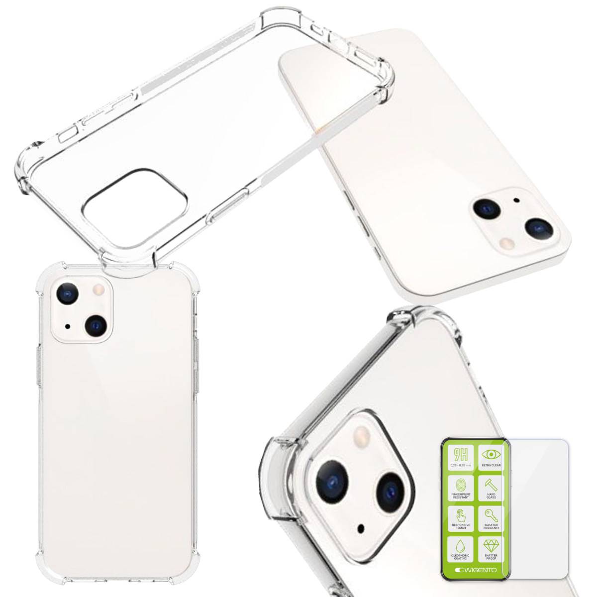 Für Apple iPhone 13 Schock Silikoncase TPU Transparent + 0,26 H9 Glas Handy Tasche Hülle Schutz Cover