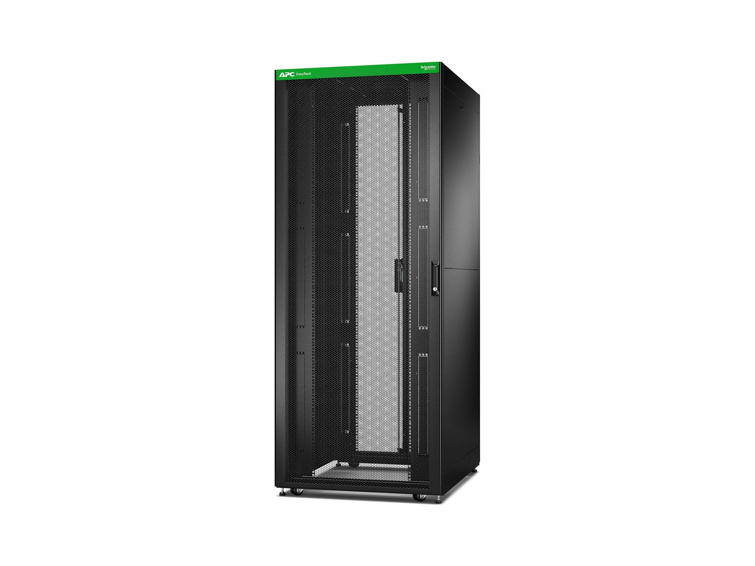 Ein schwarzer Serverrack-Schrank mit einer teilweise geöffneten Tür, die Einschübe im Inneren offenlegt. Die Oberseite weist einen grünen Streifen mit Firmenlogo auf.