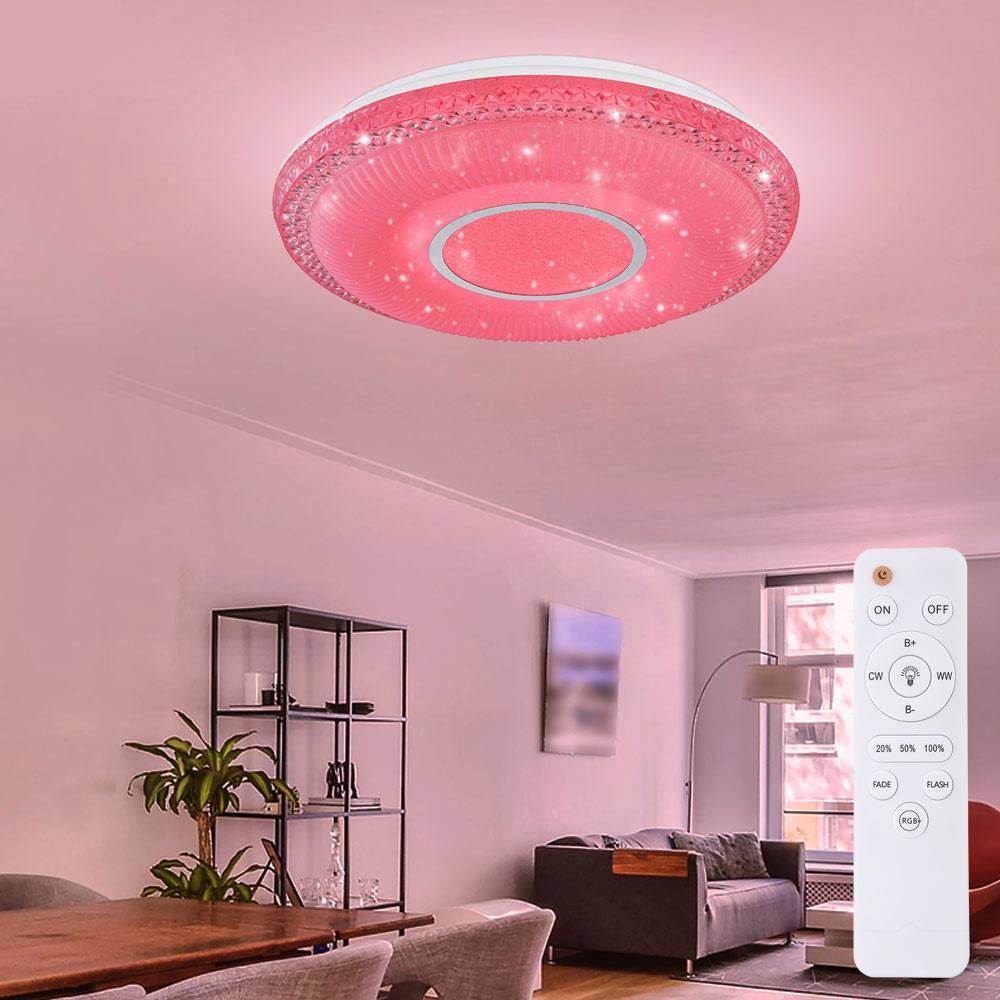 Deckenleuchte mit Sterneneffekt dimmbare Deckenlampe weiß dimmbare Lampe mit Fernbedienung, Tageslichtfunktion Farbwechsel, 1x RGB LED 40W 2140Lm