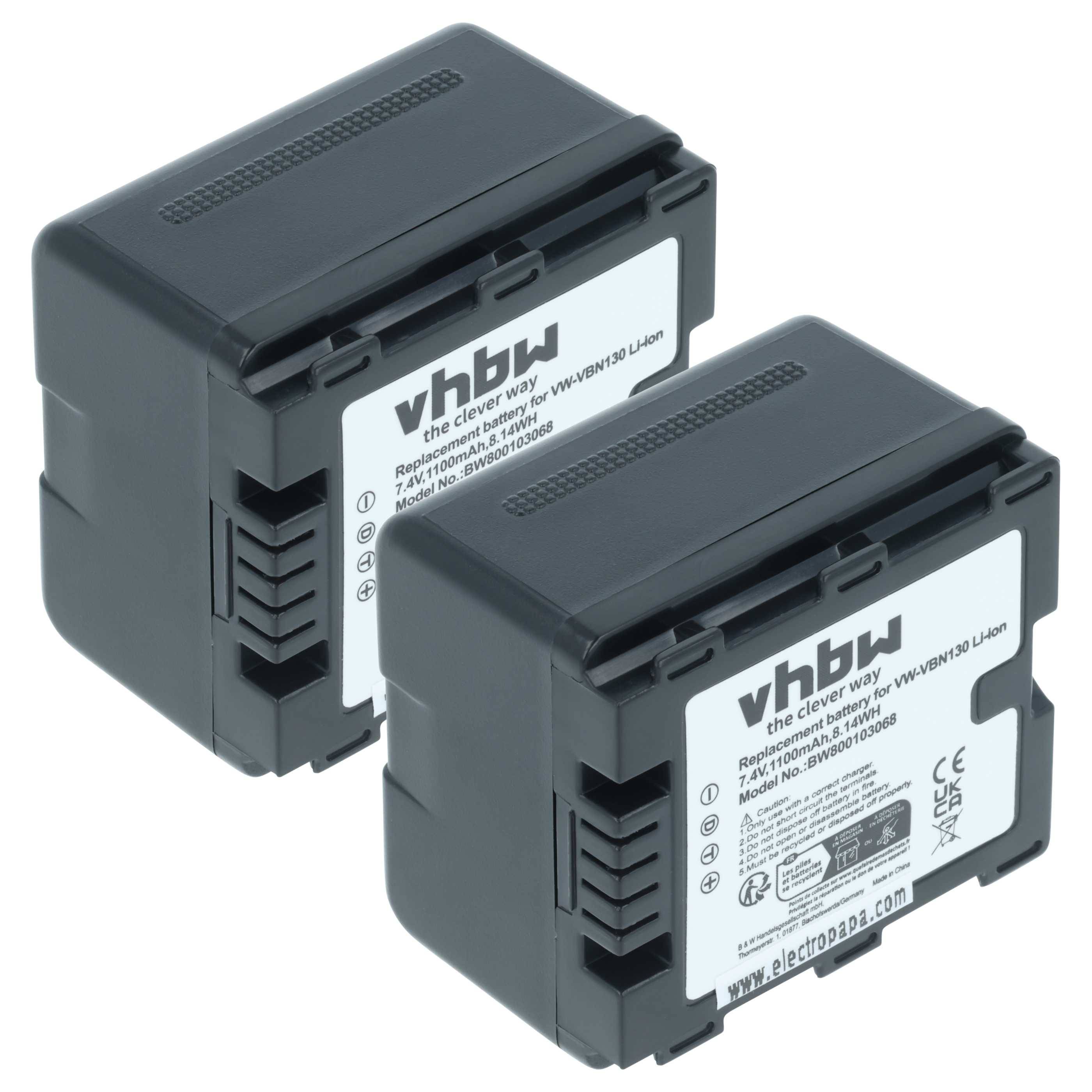 Zwei vhbw-markierte wiederaufladbare Lithium-Ionen-Akkus mit Kapazitätsinformationen und Websitedetails auf den Etiketten.