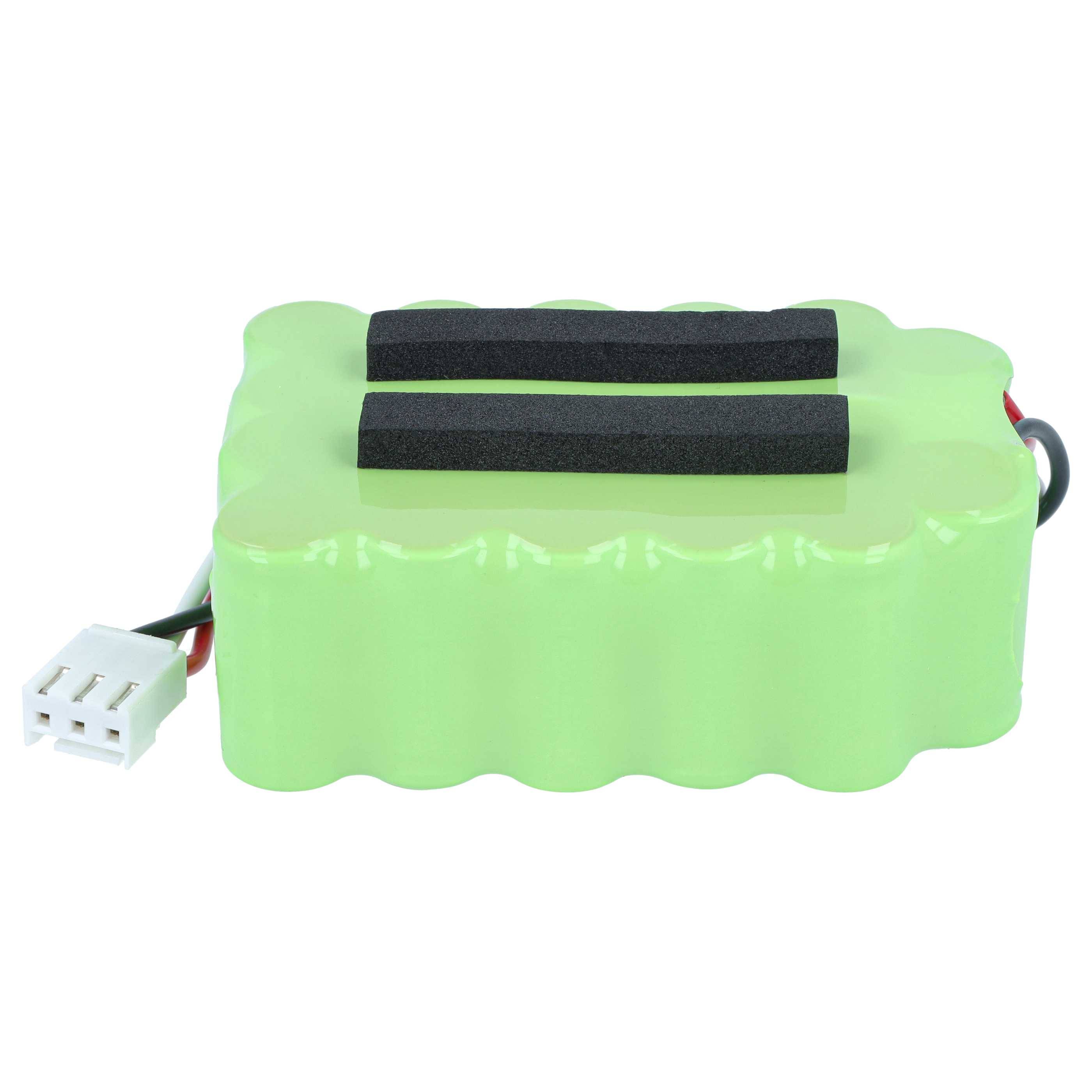 Grüner wiederaufladbarer Batteriepack mit angebrachtem weißem Stecker und schwarzen Befestigungsstreifen oben.