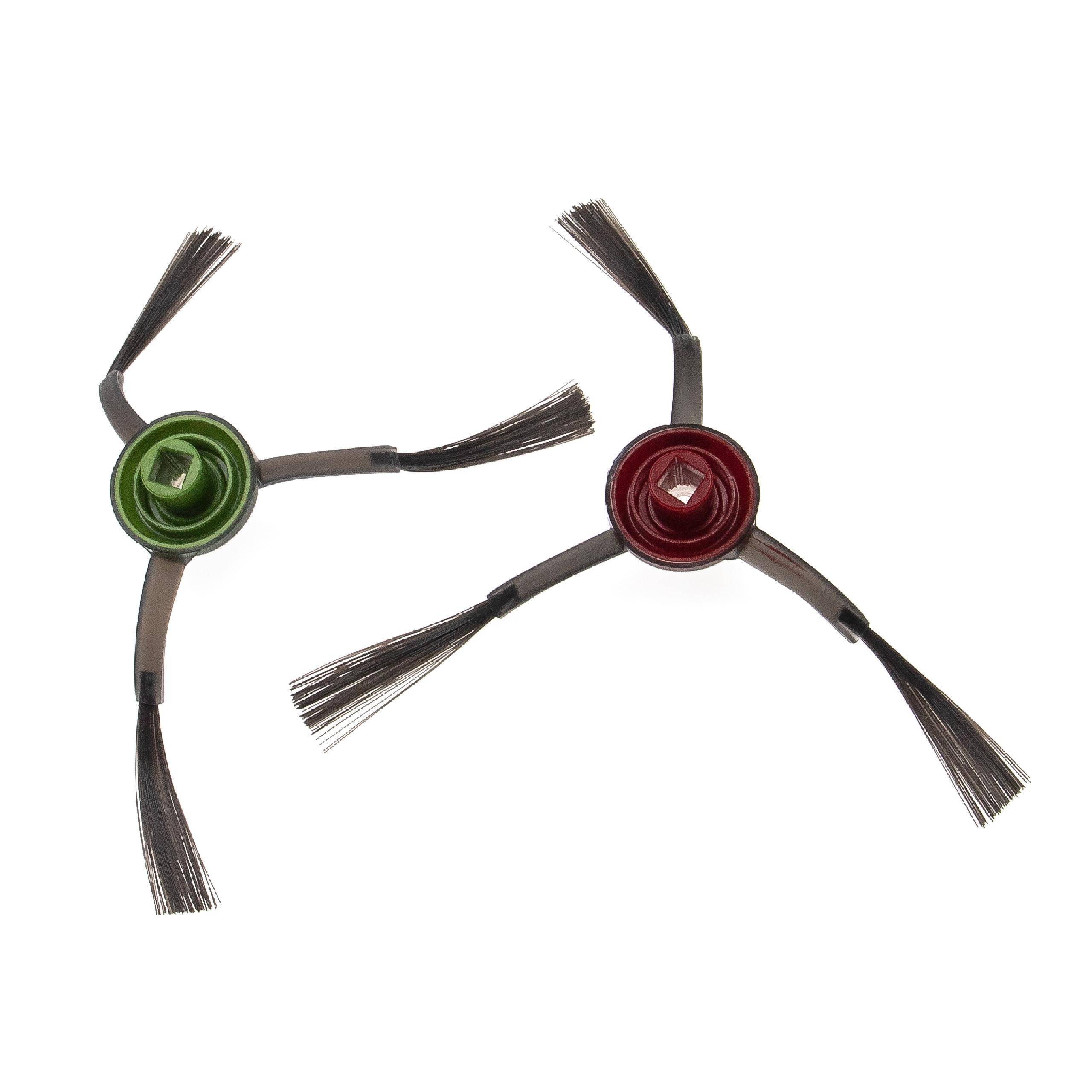 Zwei Roboterreiniger-Seitenbürsten mit je drei Borsten; eine mit grüner Mitte und die andere mit roter Mitte, angeordnet auf weißem Hintergrund.