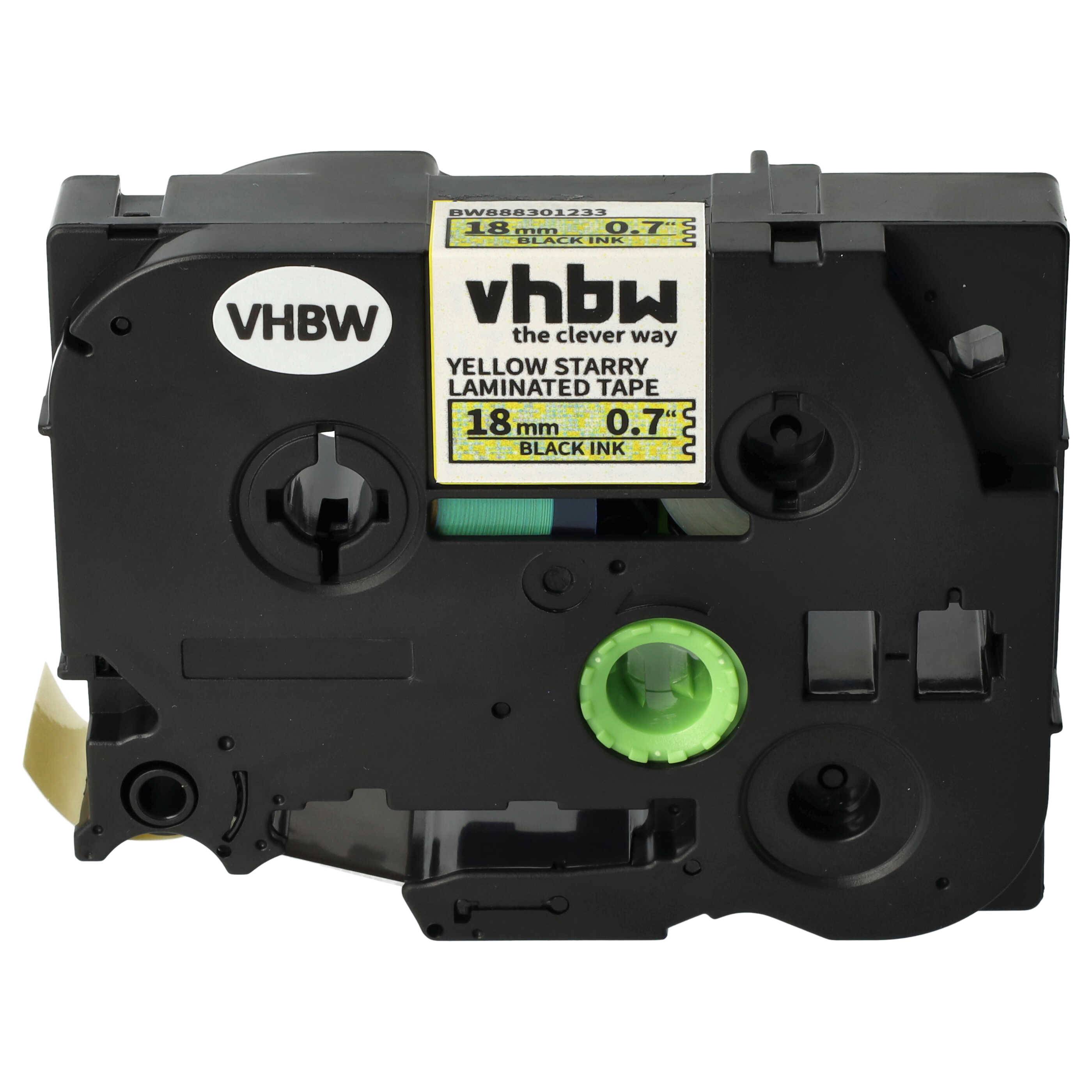 vhbw Schriftband-Kassette kompatibel mit Brother P-Touch 9700 PC, 9800 PCN, E 500 VP, H 500 Etiketten-Drucker 18mm Schwarz auf Gelb (Glitter)