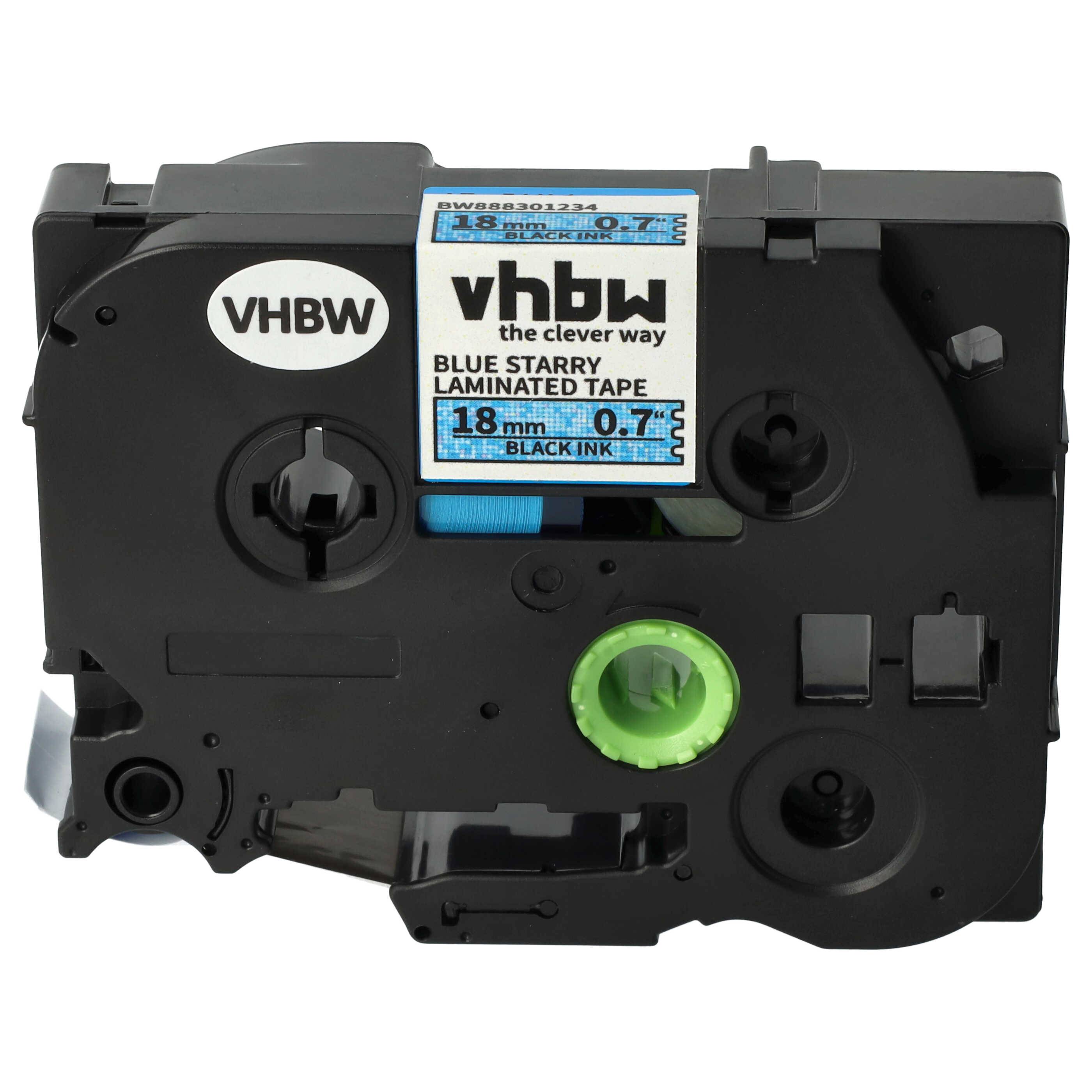 vhbw Schriftband-Kassette kompatibel mit Brother PT 1800 E, 1850 CC, 1850 VP, 1850 Etiketten-Drucker 8m x 18mm Schwarz auf Blau (Glitter), Laminiert