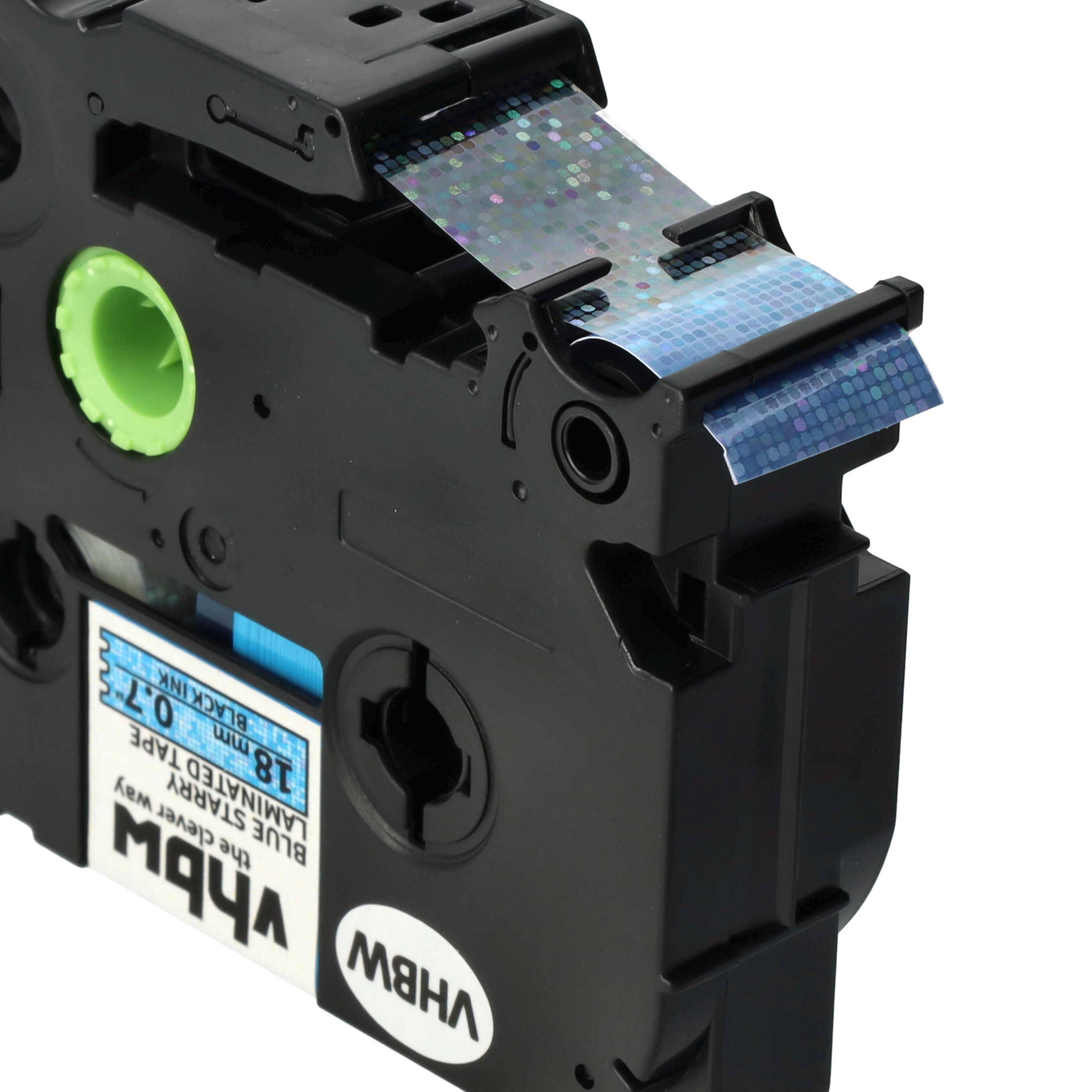 vhbw Schriftband-Kassette kompatibel mit Brother PT 1000 BTS, 1000 F, 1800, 1750 Etiketten-Drucker 8m x 18mm Schwarz auf Blau (Glitter), Laminiert