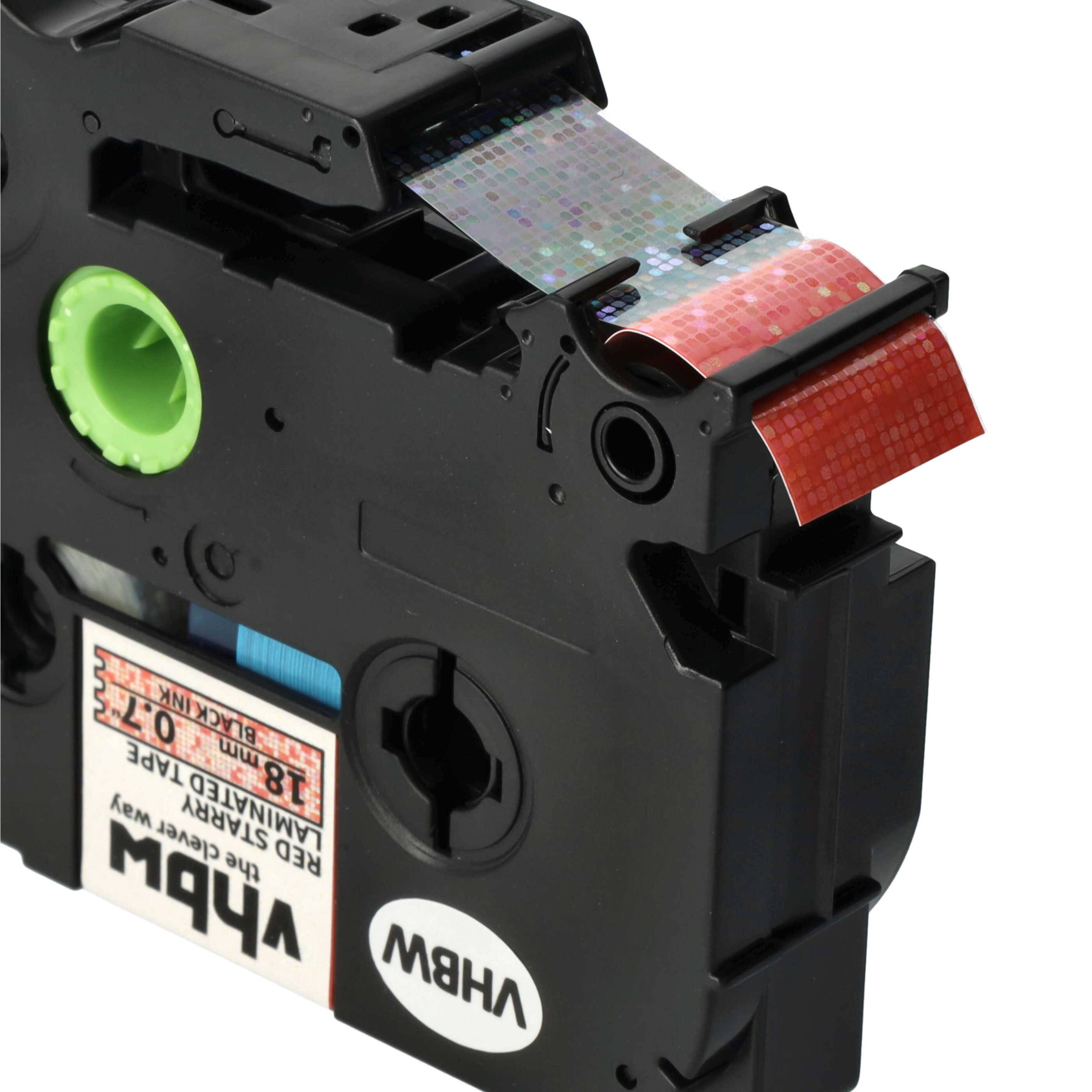 vhbw Schriftband-Kassette kompatibel mit Brother PT 1800 E, 1850 CC, 1850 VP, 1850 Etiketten-Drucker 8m x 18mm Schwarz auf Rot (Glitter), Laminiert