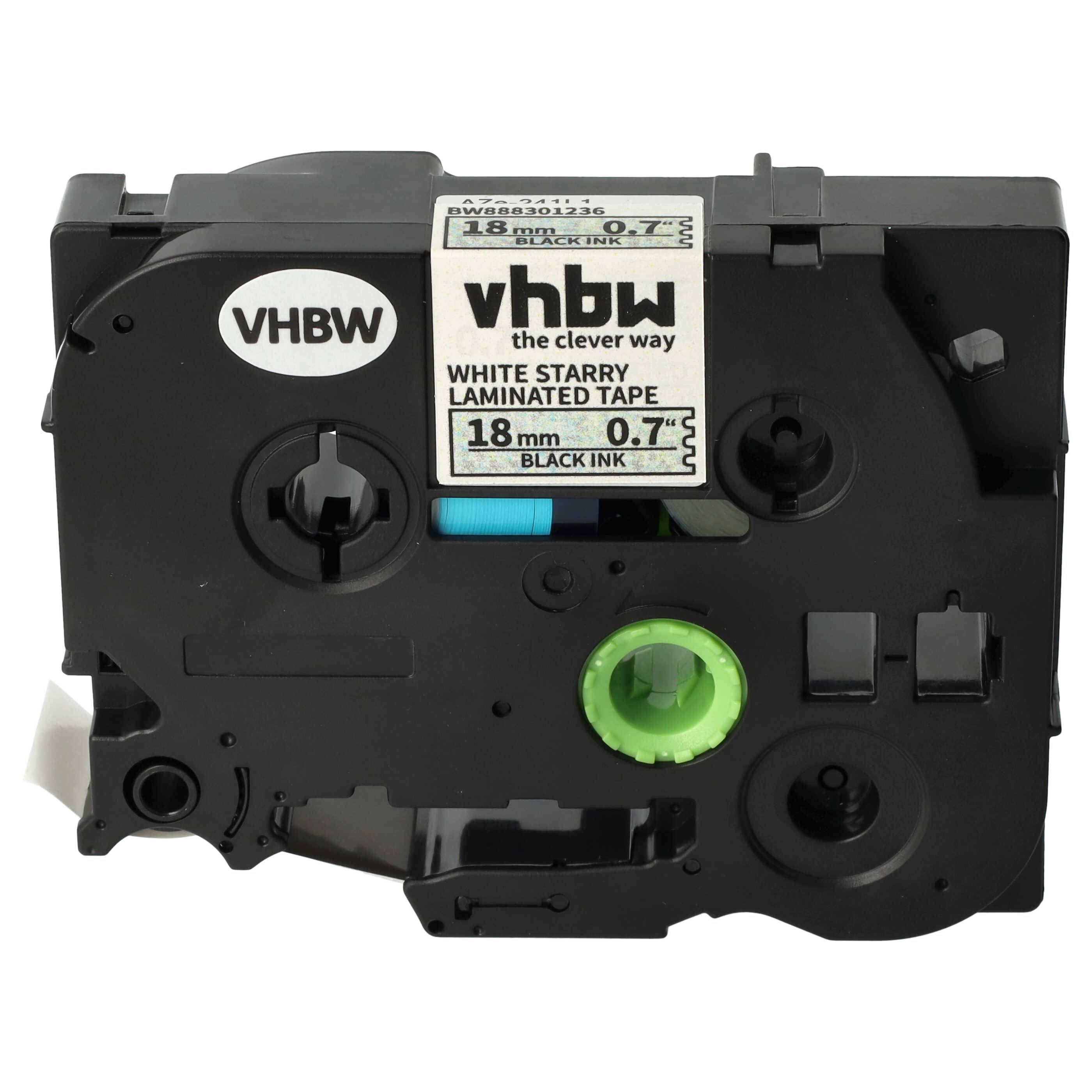 vhbw Schriftband-Kassette kompatibel mit Brother PT 7500 VP, 550, 7600 VP, 9200 DX Etiketten-Drucker 8m x 18mm Schwarz auf Weiss (Glitter)