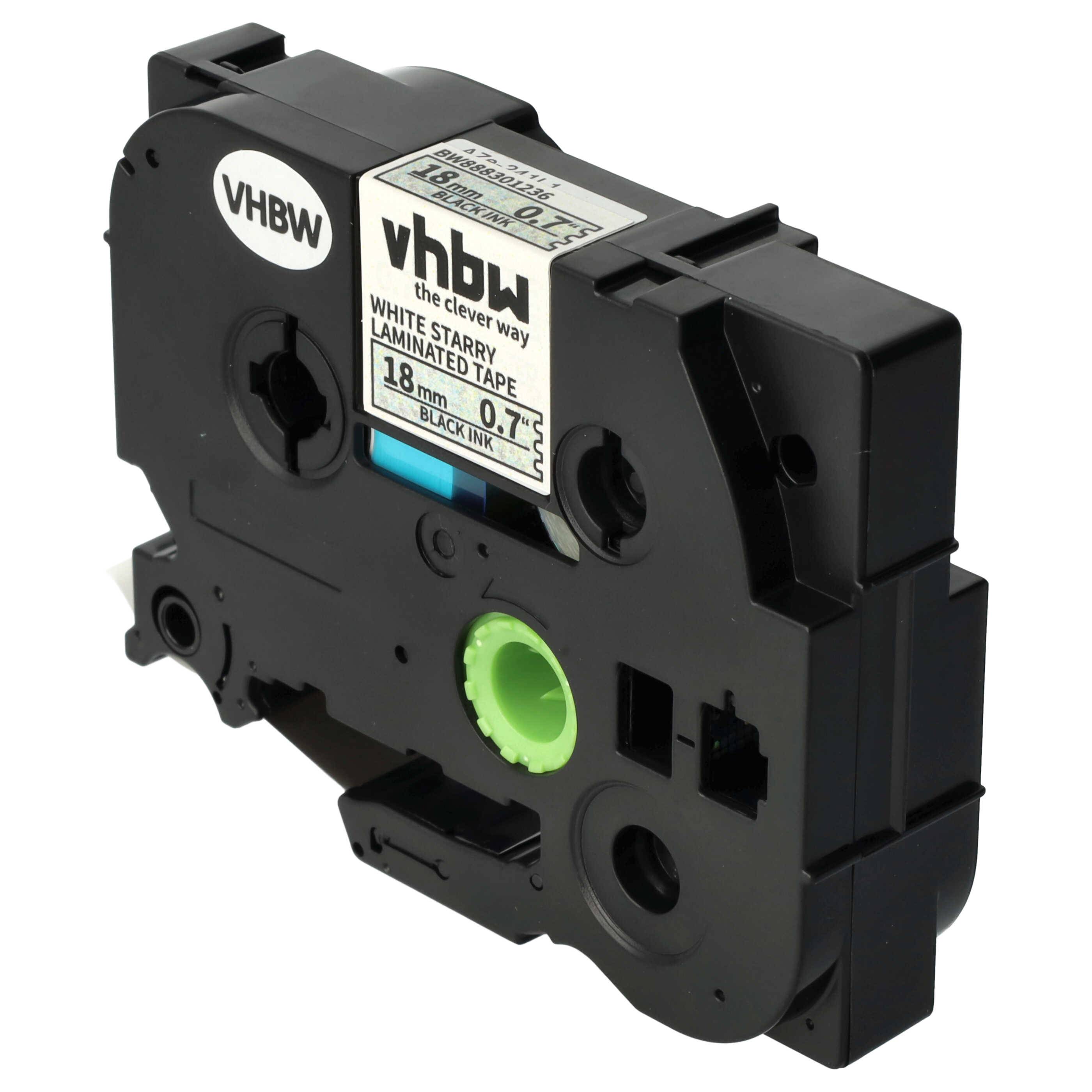 vhbw Schriftband-Kassette kompatibel mit Brother PT 7500 VP, 550, 7600 VP, 9200 DX Etiketten-Drucker 8m x 18mm Schwarz auf Weiss (Glitter)