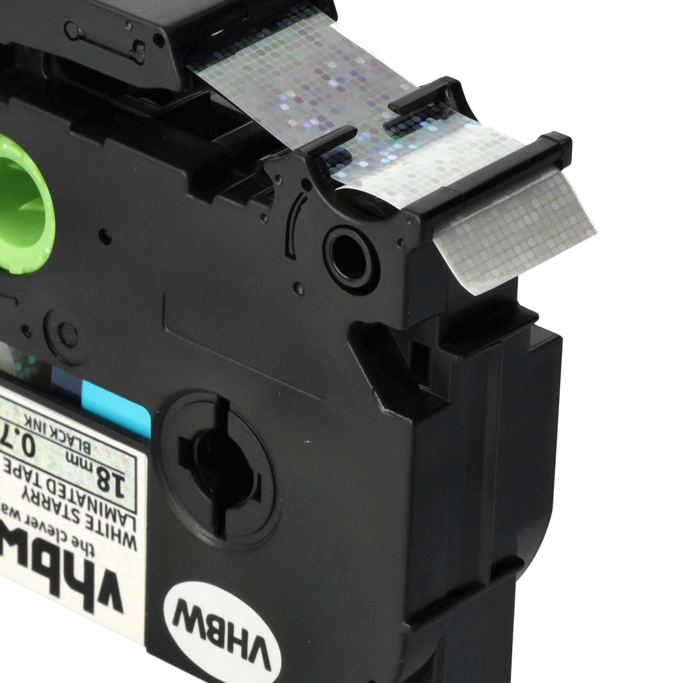 vhbw Schriftband-Kassette kompatibel mit Brother PT 7500 VP, 550, 7600 VP, 9200 DX Etiketten-Drucker 8m x 18mm Schwarz auf Weiss (Glitter)