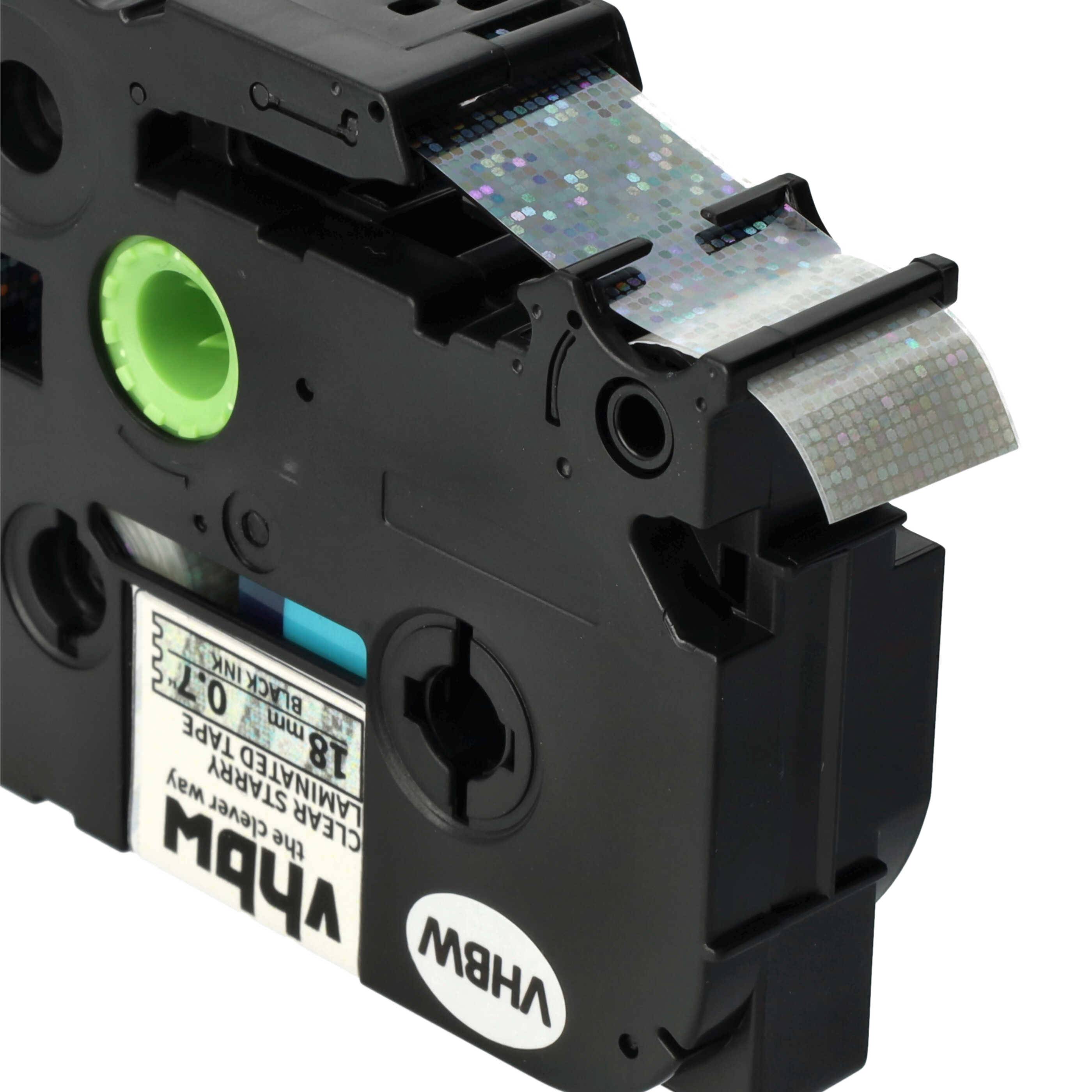 vhbw 1x Schriftband-Kassette kompatibel mit Brother PT 9200 DX, 9200 PC Etiketten-Drucker 8m x 18mm Schwarz auf Transparent (Glitter), Laminiert