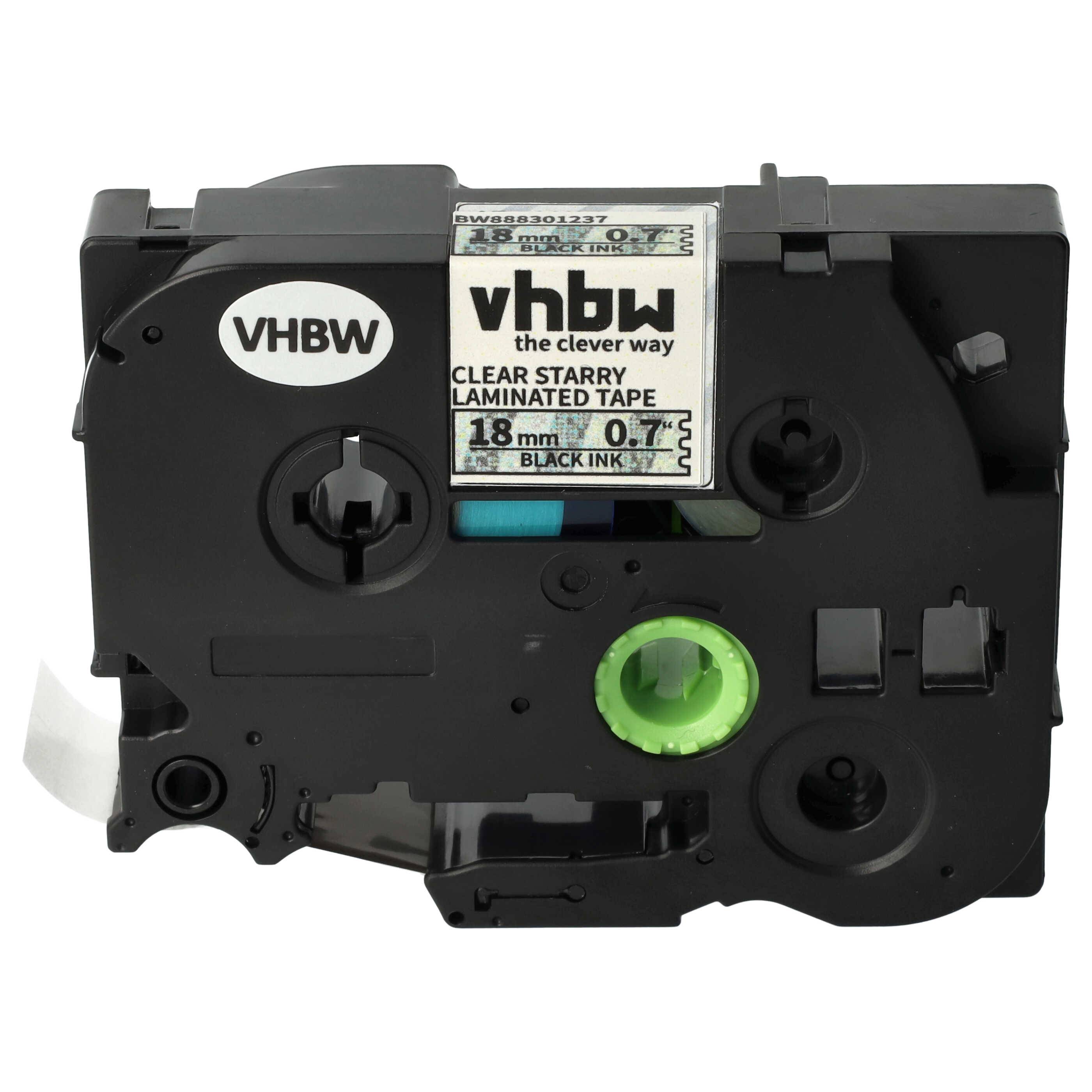 vhbw 1x Schriftband-Kassette kompatibel mit Brother PT 300 SP, 310 CC, 310 Etiketten-Drucker 8m x 18mm Schwarz auf Transparent (Glitter), Laminiert