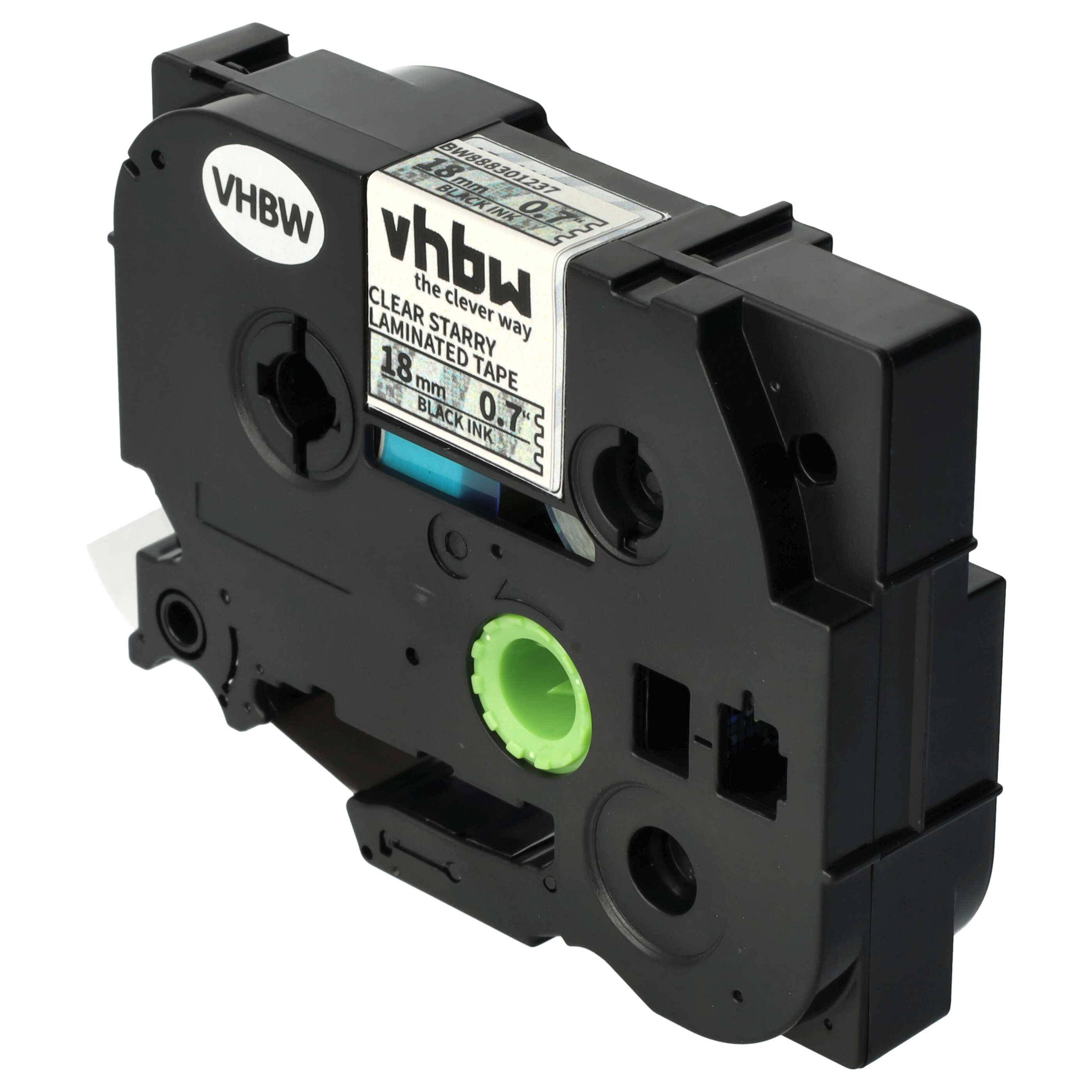 vhbw 1x Schriftband-Kassette kompatibel mit Brother PT H 500 Li, P 700 Etiketten-Drucker 8m x 18mm Schwarz auf Transparent (Glitter), Laminiert