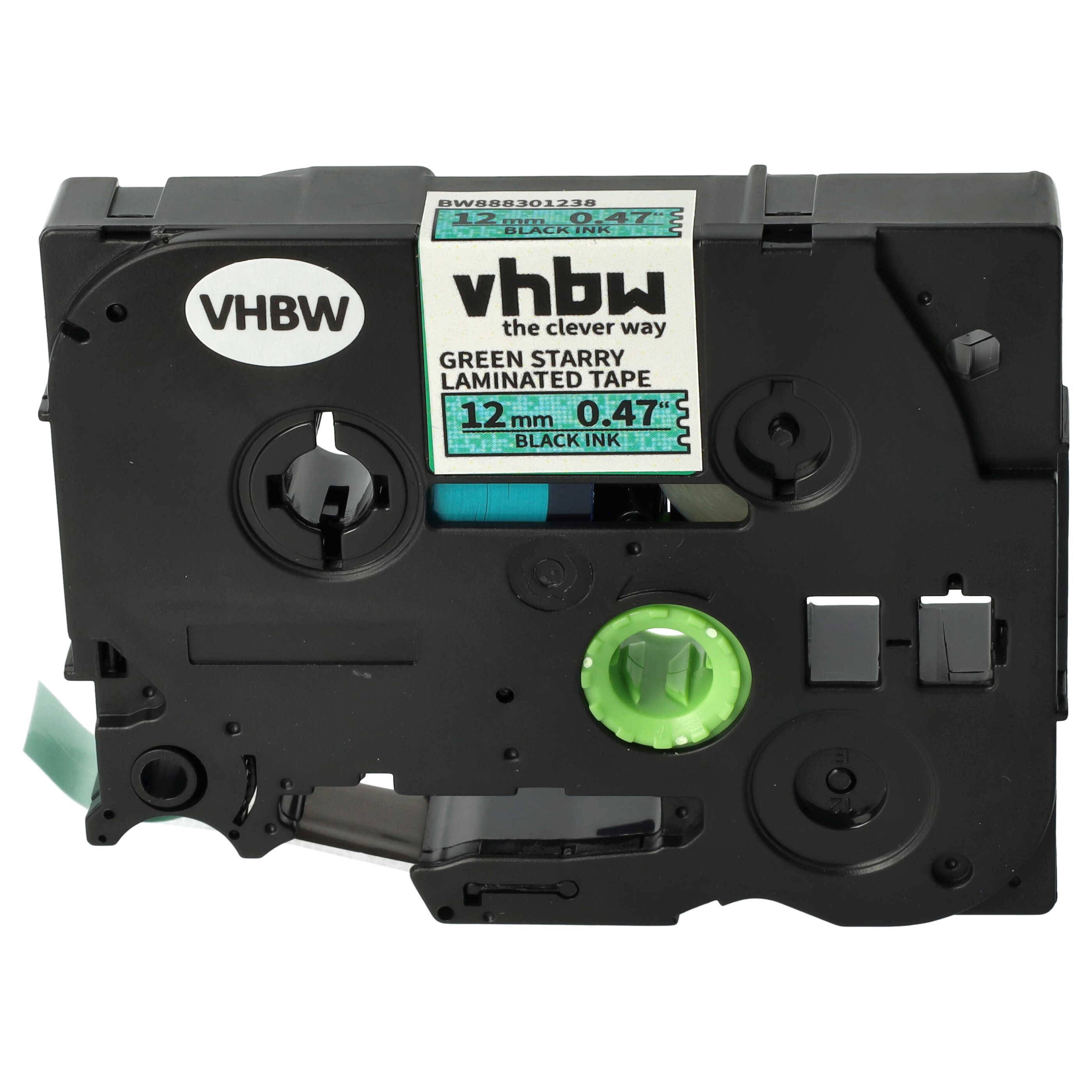 vhbw Schriftband-Kassette kompatibel mit Brother PT H100, H105, H300, H100LB, H100R Etiketten-Drucker 8m x 12mm Schwarz auf Grün (Glitter)