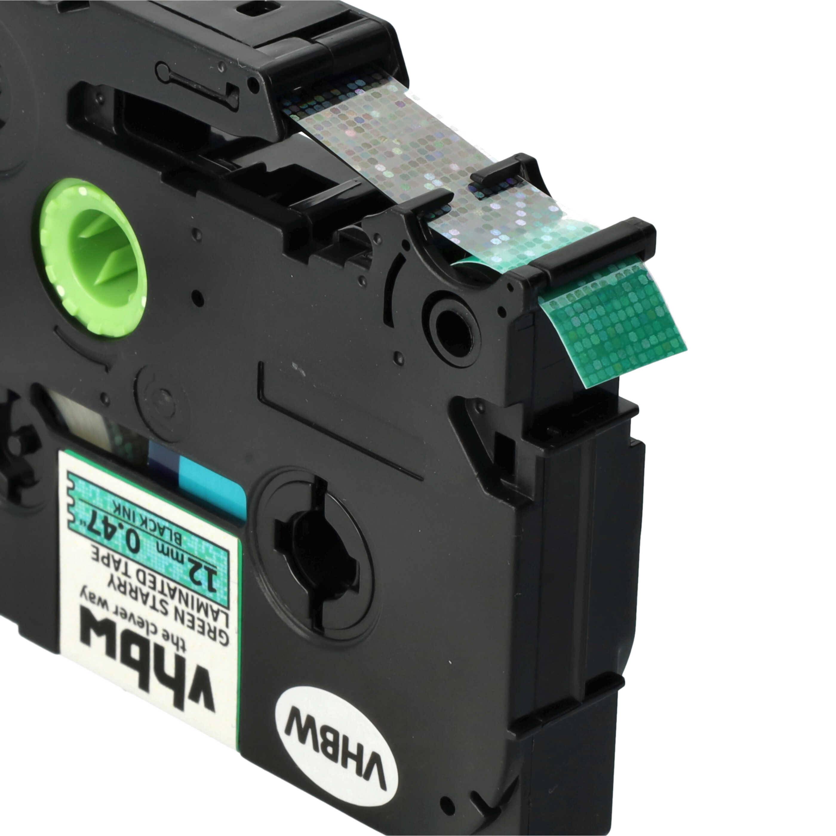 vhbw Schriftband-Kassette kompatibel mit Brother PT 1900, 1880, 1850VP, 18R, 18RKT Etiketten-Drucker 8m x 12mm Schwarz auf Grün (Glitter), Laminiert