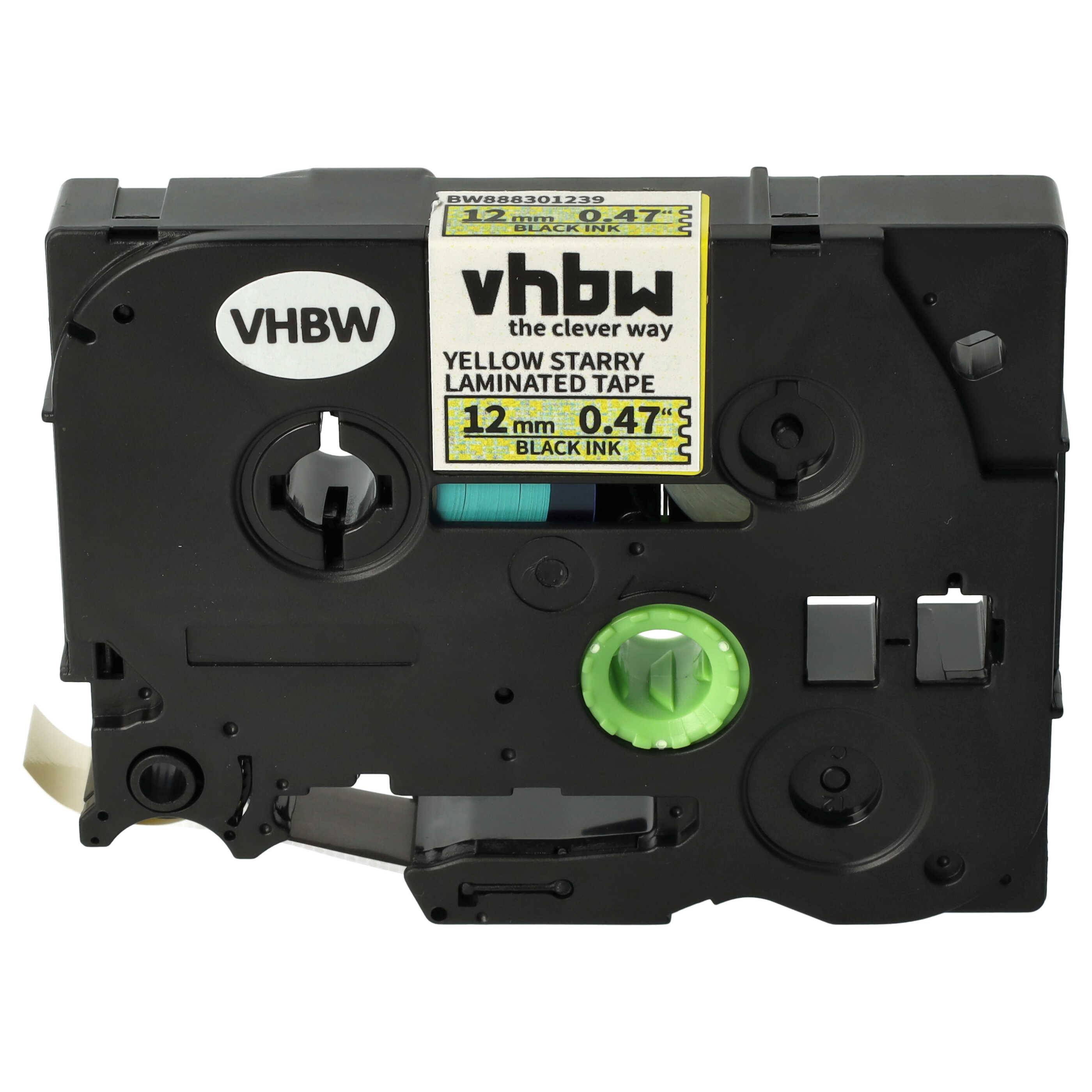 vhbw Schriftband-Kassette kompatibel mit Brother PT 1280 | 1250VPS, 1260VP, 1280BTS Etiketten-Drucker 8m x 12mm Schwarz auf Gelb (Glitter)