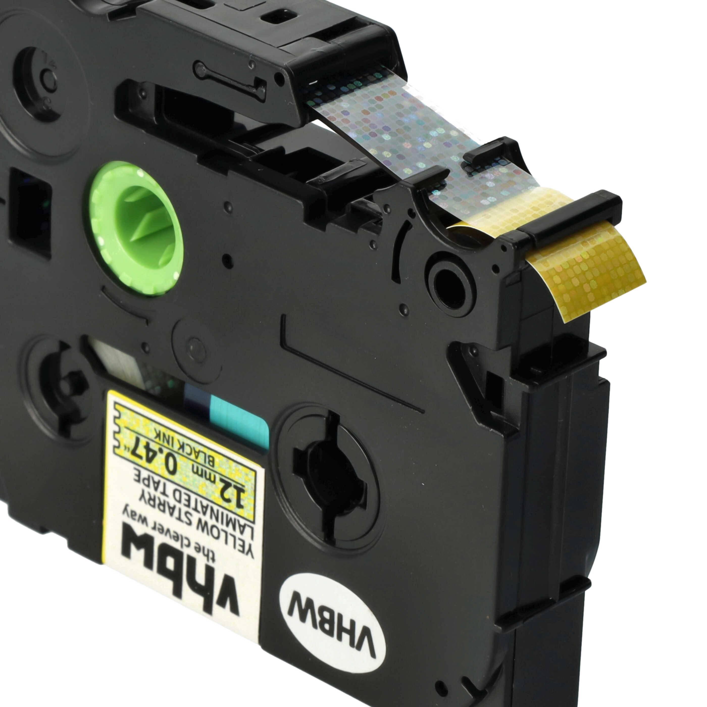 vhbw Schriftband-Kassette kompatibel mit Brother PT 9200, 9000, 900BTS, 900F Etiketten-Drucker 8m x 12mm Schwarz auf Gelb (Glitter), Laminiert