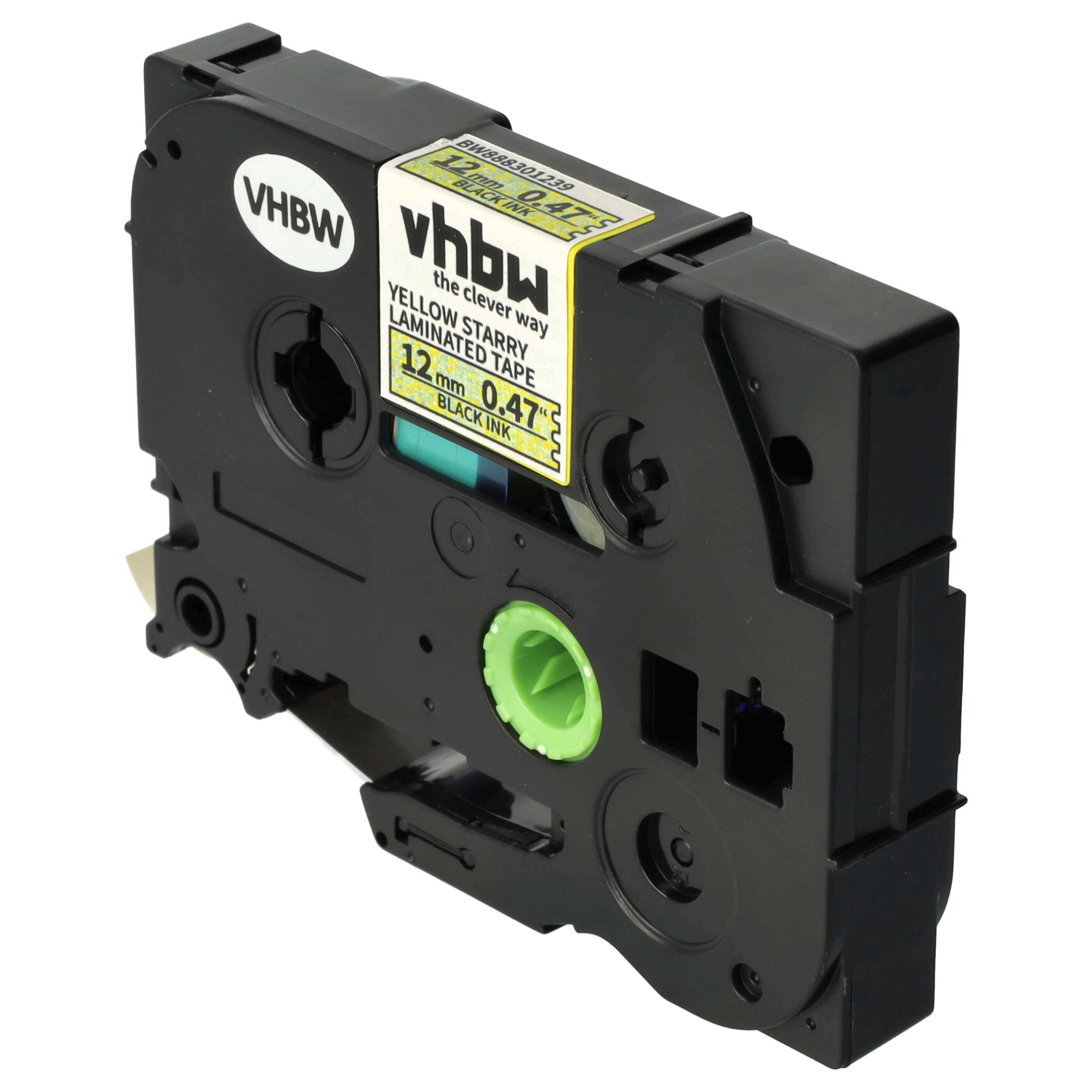 vhbw Schriftband-Kassette kompatibel mit Brother PT 9200, 9000, 900BTS, 900F Etiketten-Drucker 8m x 12mm Schwarz auf Gelb (Glitter), Laminiert