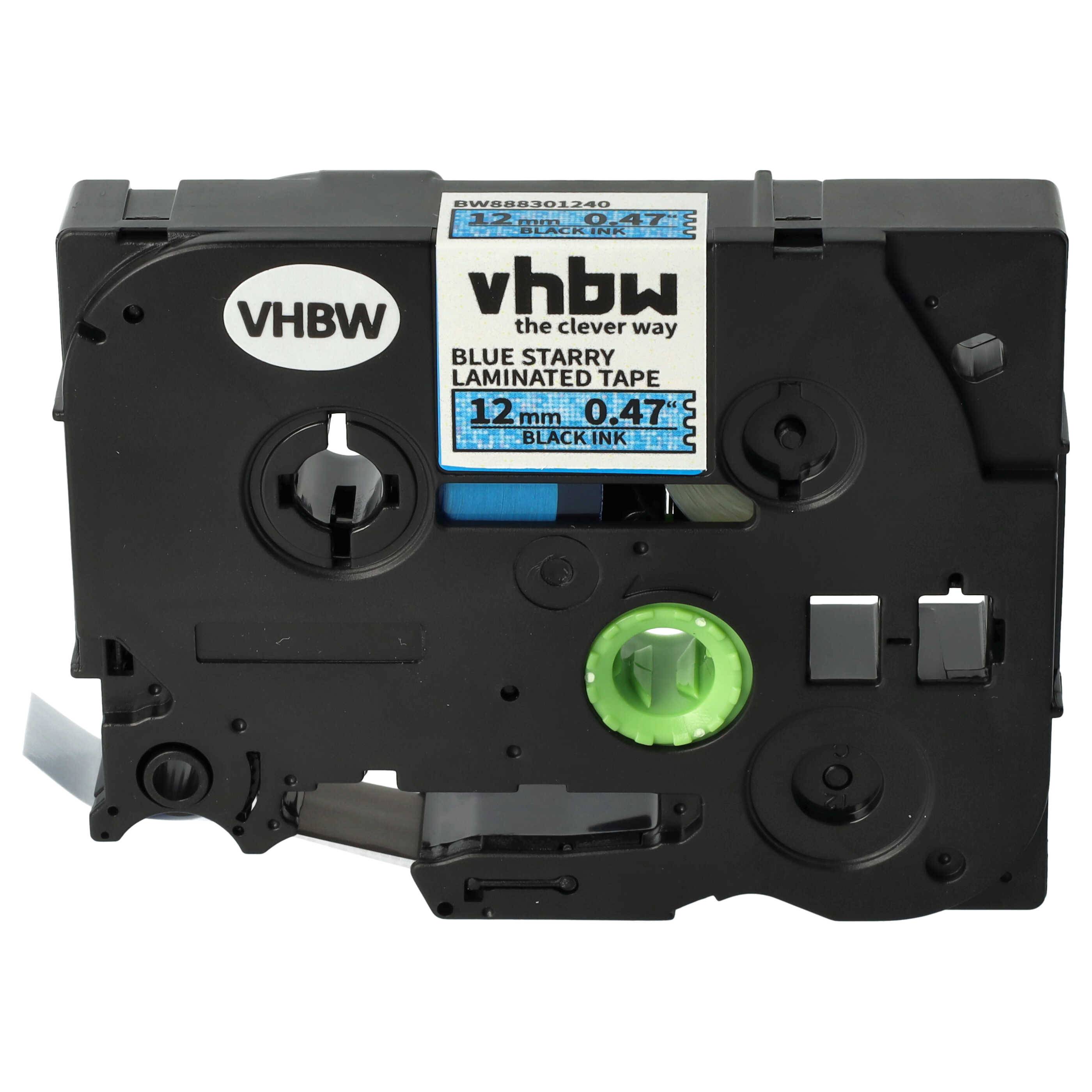 vhbw Schriftband-Kassette kompatibel mit Brother PT 1830SC, 1850CC, 1830VP, 1850 Etiketten-Drucker 8m x 12mm Schwarz auf Blau (Glitter), Laminiert