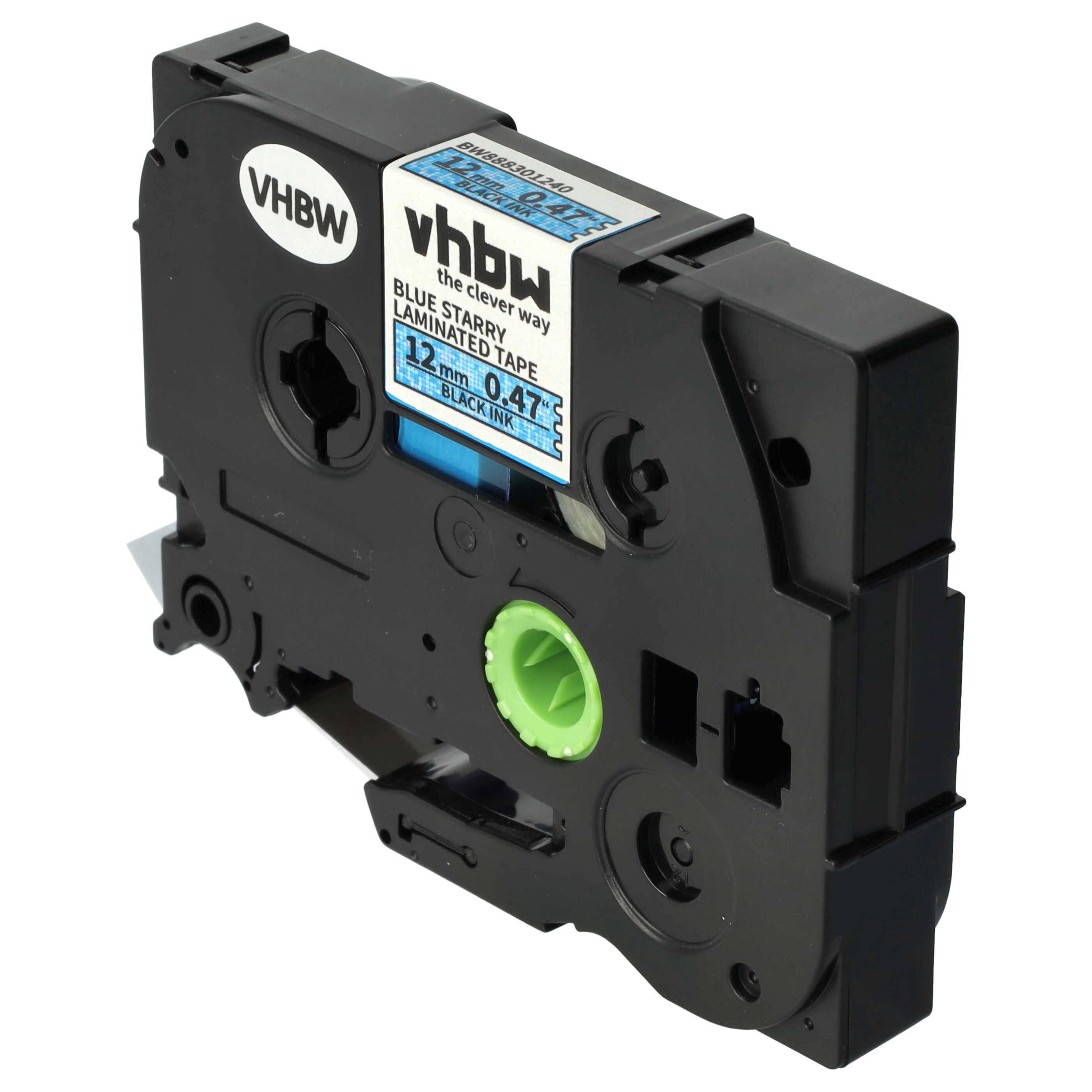 vhbw Schriftband-Kassette kompatibel mit Brother PT 1005FB, 1010NB, 1010NB, 1010 Etiketten-Drucker 8m x 12mm Schwarz auf Blau (Glitter), Laminiert