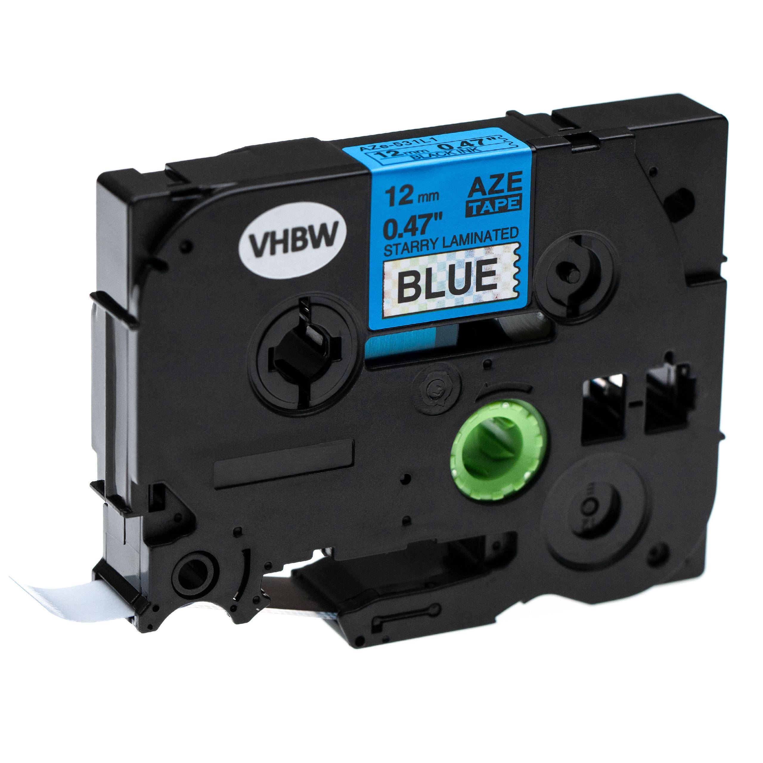 vhbw Schriftband-Kassette kompatibel mit Brother P-Touch D200, D200VP, D400, D400VP, D450, D450VP Etiketten-Drucker 12mm Schwarz auf Blau (Glitter)