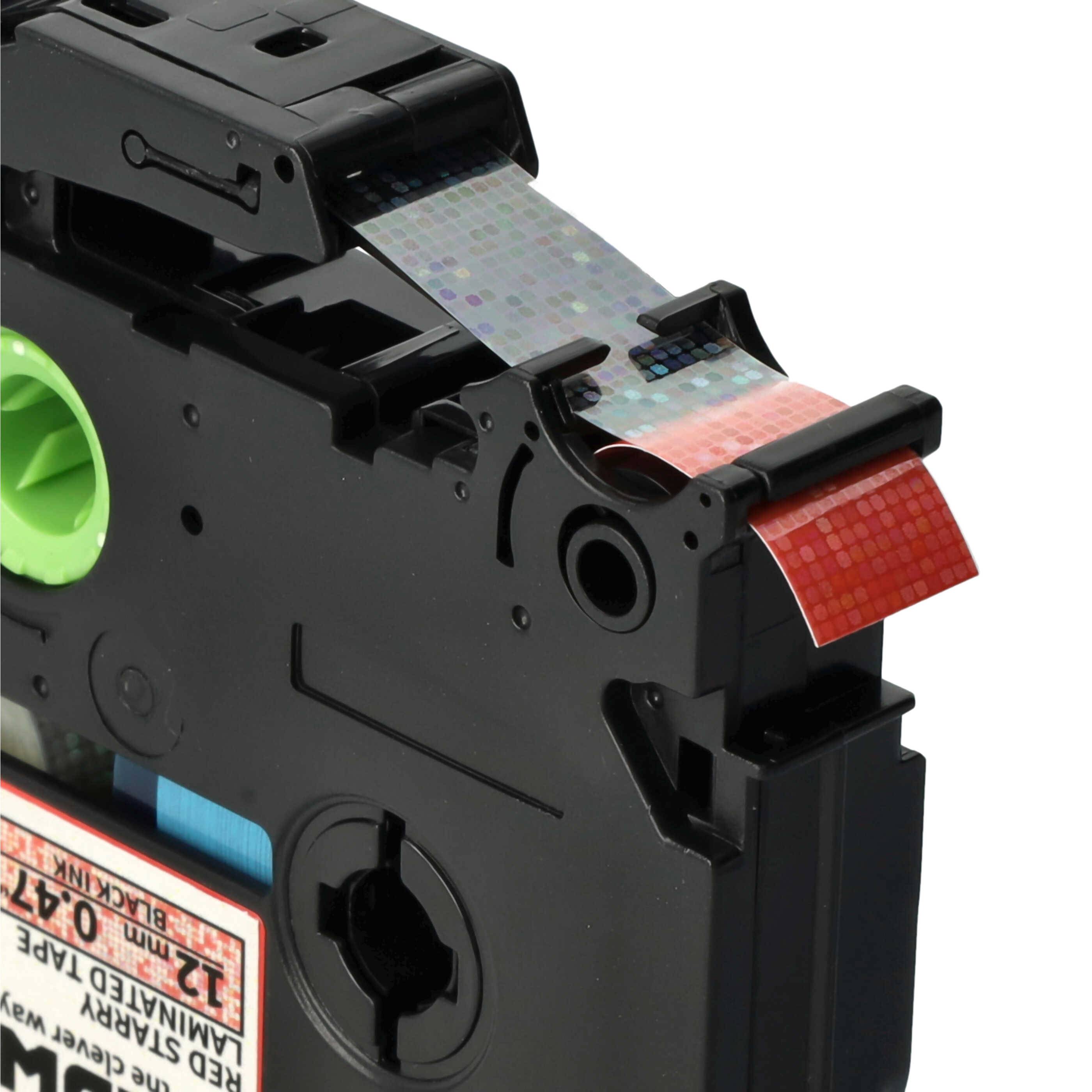 vhbw Schriftband-Kassette kompatibel mit Brother PT 1090, 1090BK, 1100, 1100SB Etiketten-Drucker 8m x 12mm Schwarz auf Rot (Glitter), Laminiert