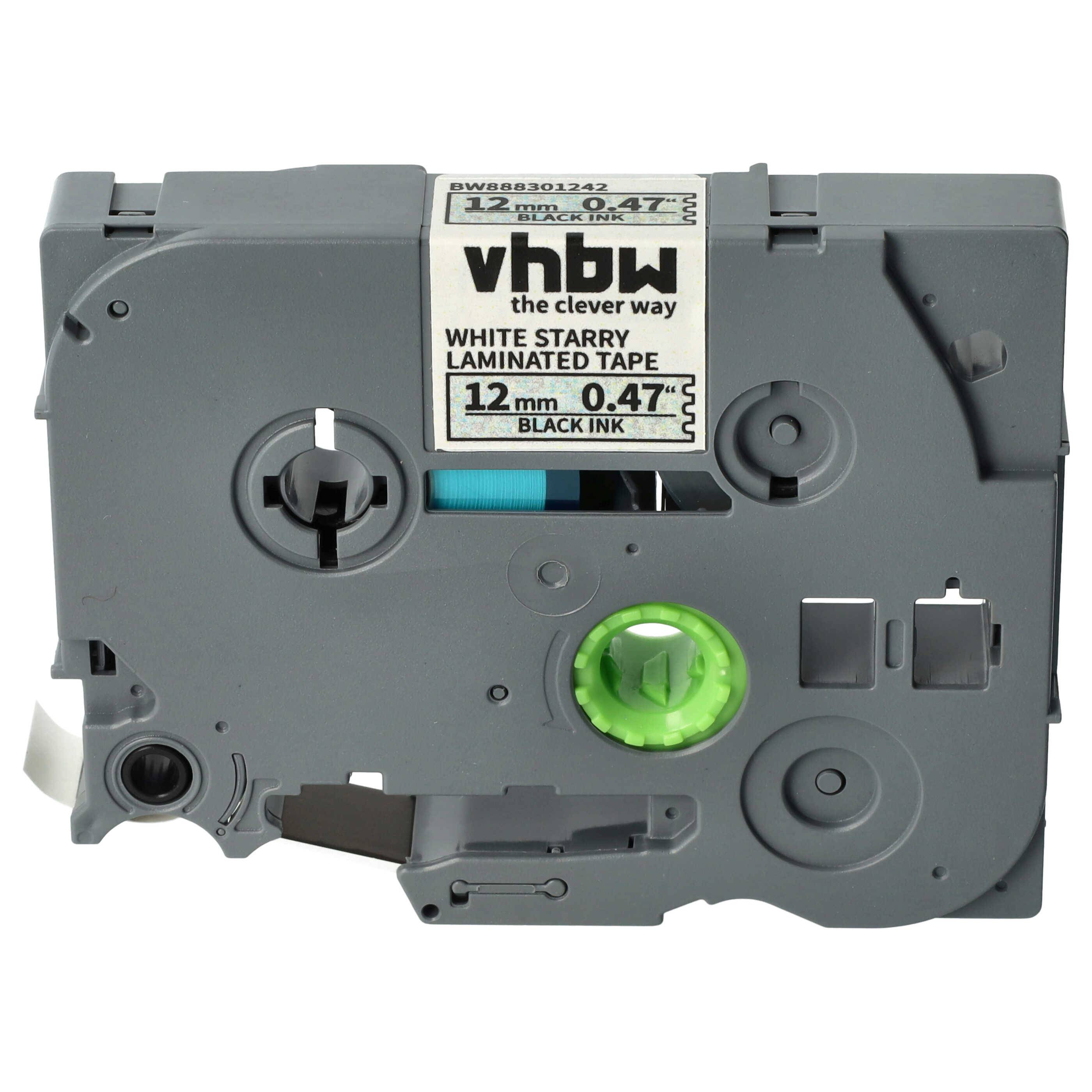 vhbw Schriftband-Kassette kompatibel mit Brother PT P700 | H300, H300LI, H75, H75S Etiketten-Drucker 8m x 12mm Schwarz auf Weiss (Glitter)