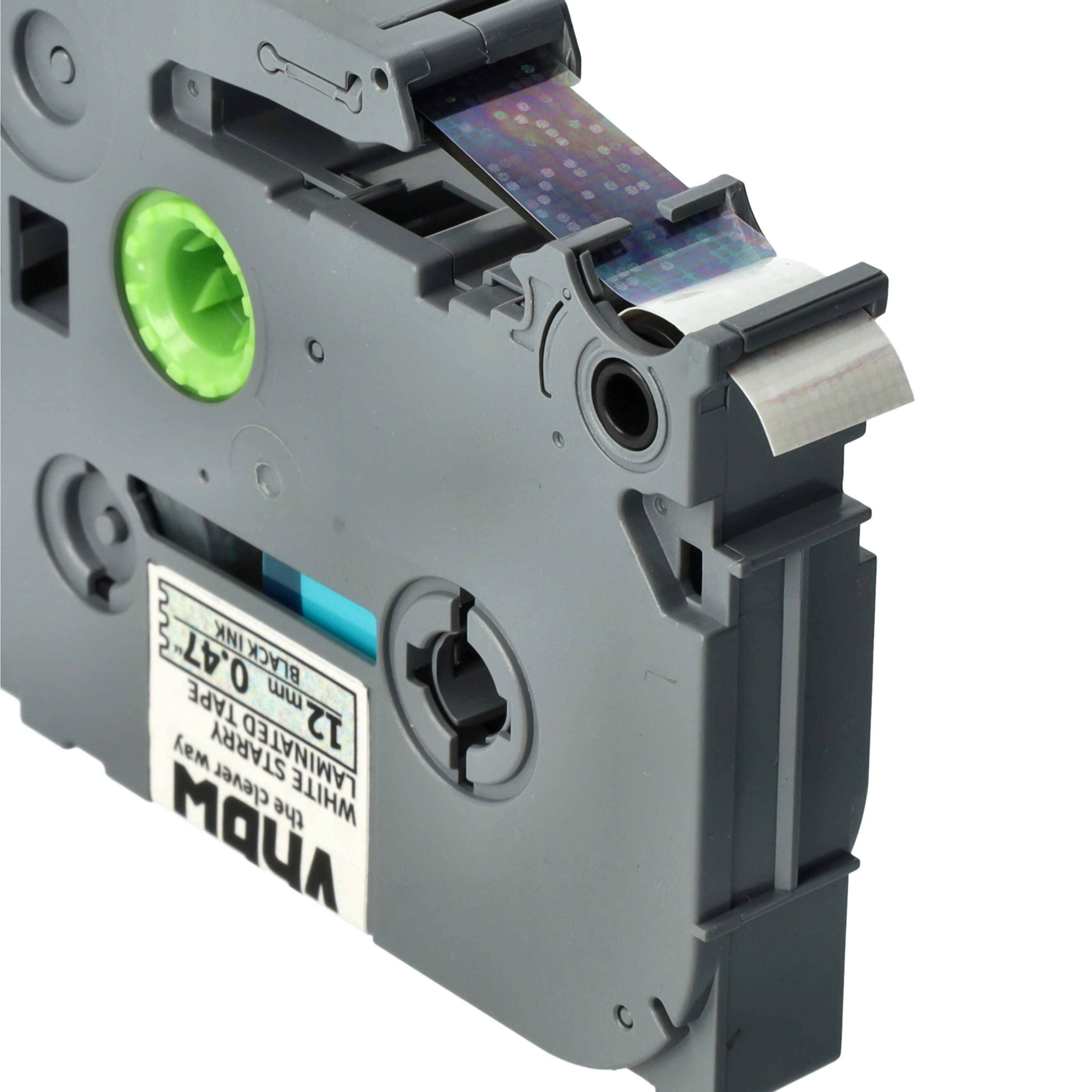 vhbw Schriftband-Kassette kompatibel mit Brother PT 1090, 1090BK, 1100, 1100SB Etiketten-Drucker 8m x 12mm Schwarz auf Weiss (Glitter), Laminiert