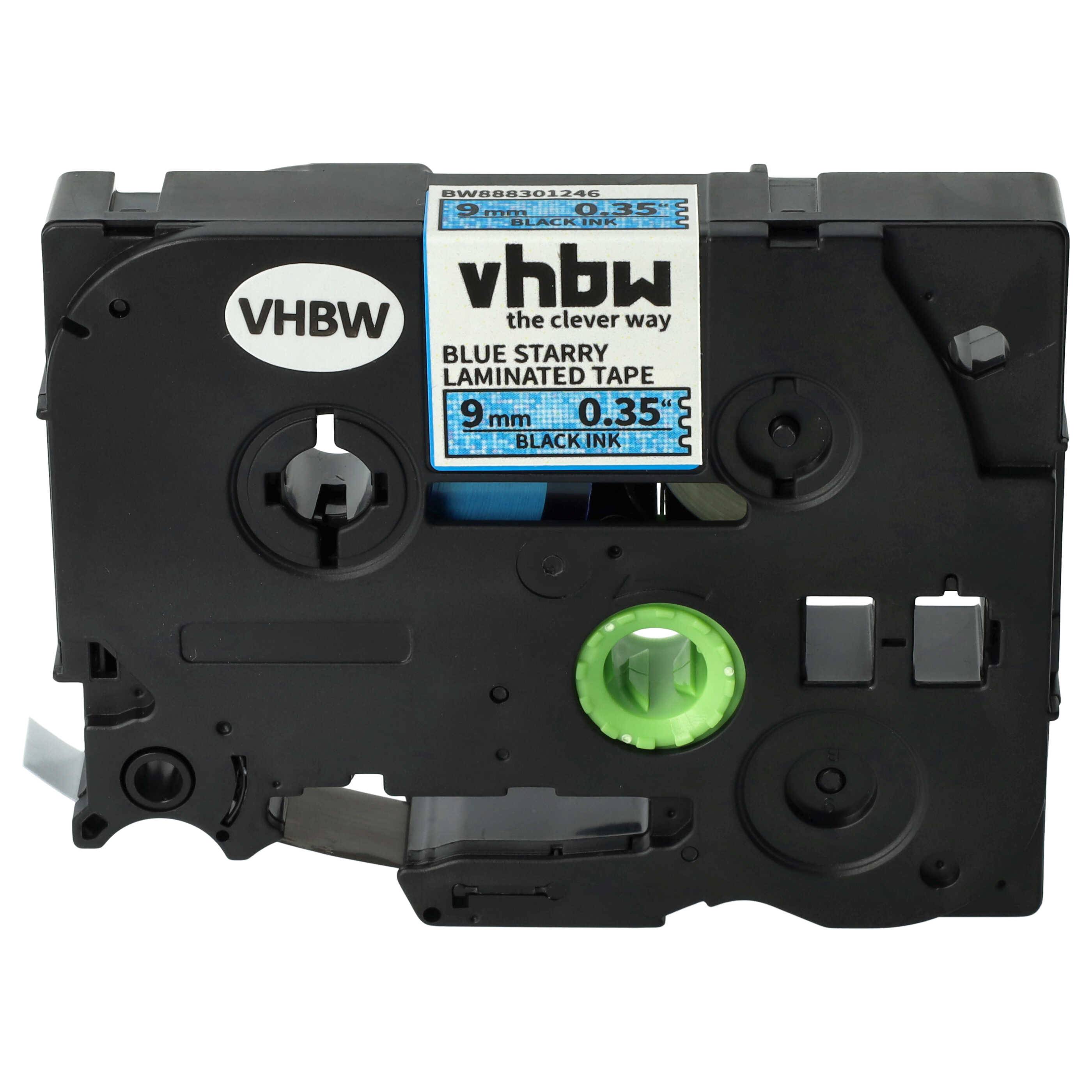 vhbw Schriftband-Kassette kompatibel mit Brother PT 1000, 1200, 1090, 1080, 1010 Etiketten-Drucker 8m x 9mm Schwarz auf Blau (Glitter), Laminiert