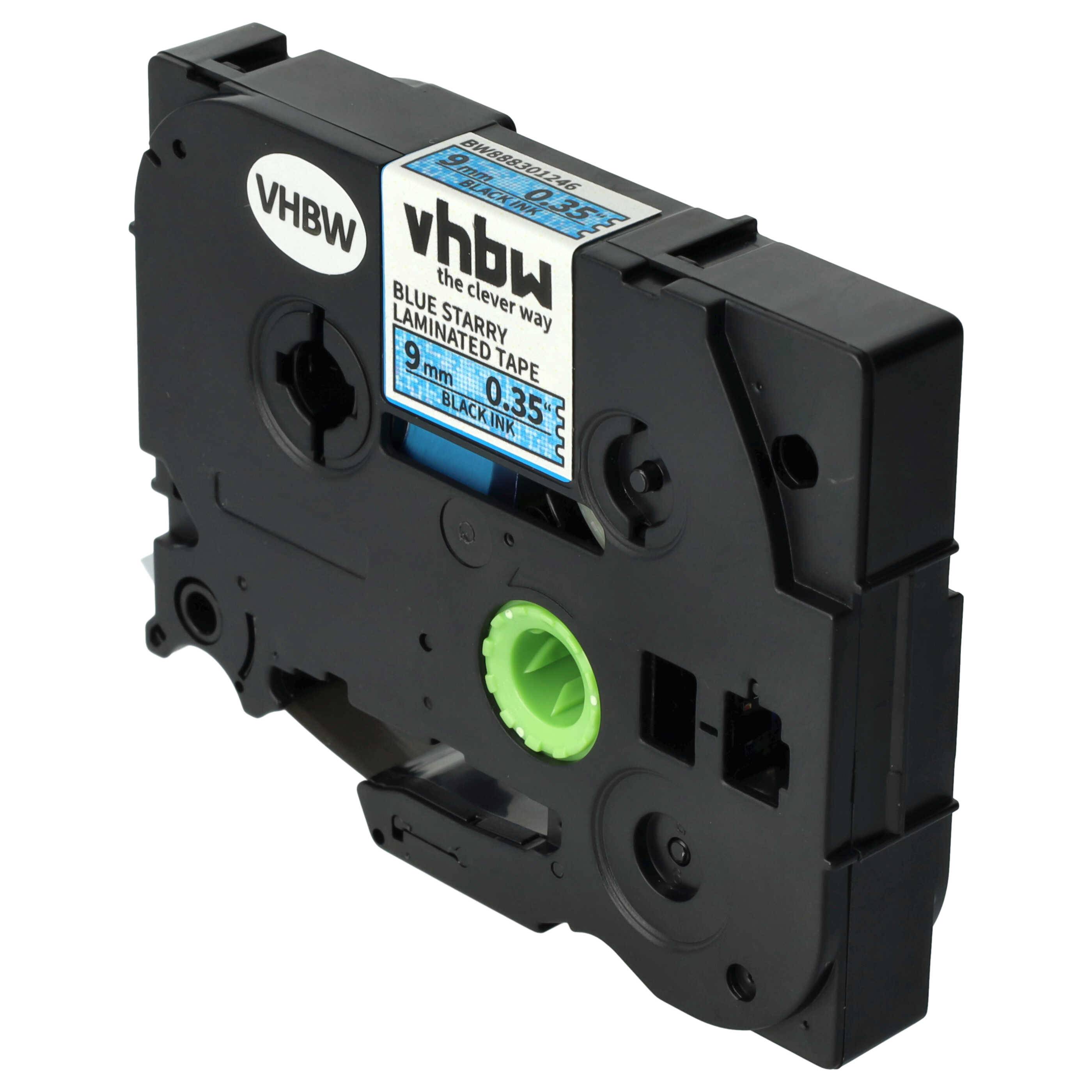 vhbw Schriftband-Kassette kompatibel mit Brother PT D600, D450, D450VP, D400, D400VP Etiketten-Drucker 8m x 9mm Schwarz auf Blau (Glitter)