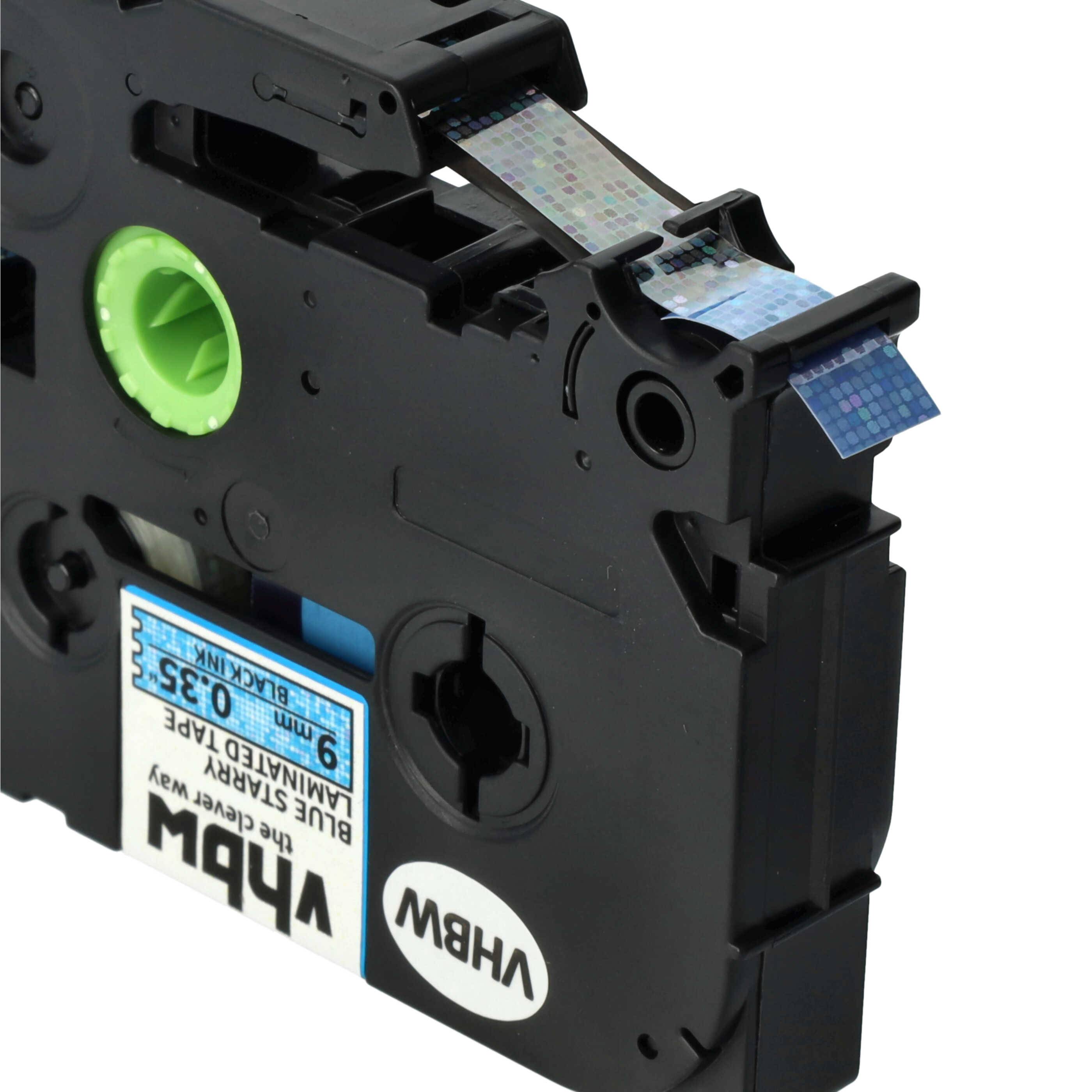 vhbw Schriftband-Kassette kompatibel mit Brother PT D600, D450, D450VP, D400, D400VP Etiketten-Drucker 8m x 9mm Schwarz auf Blau (Glitter)