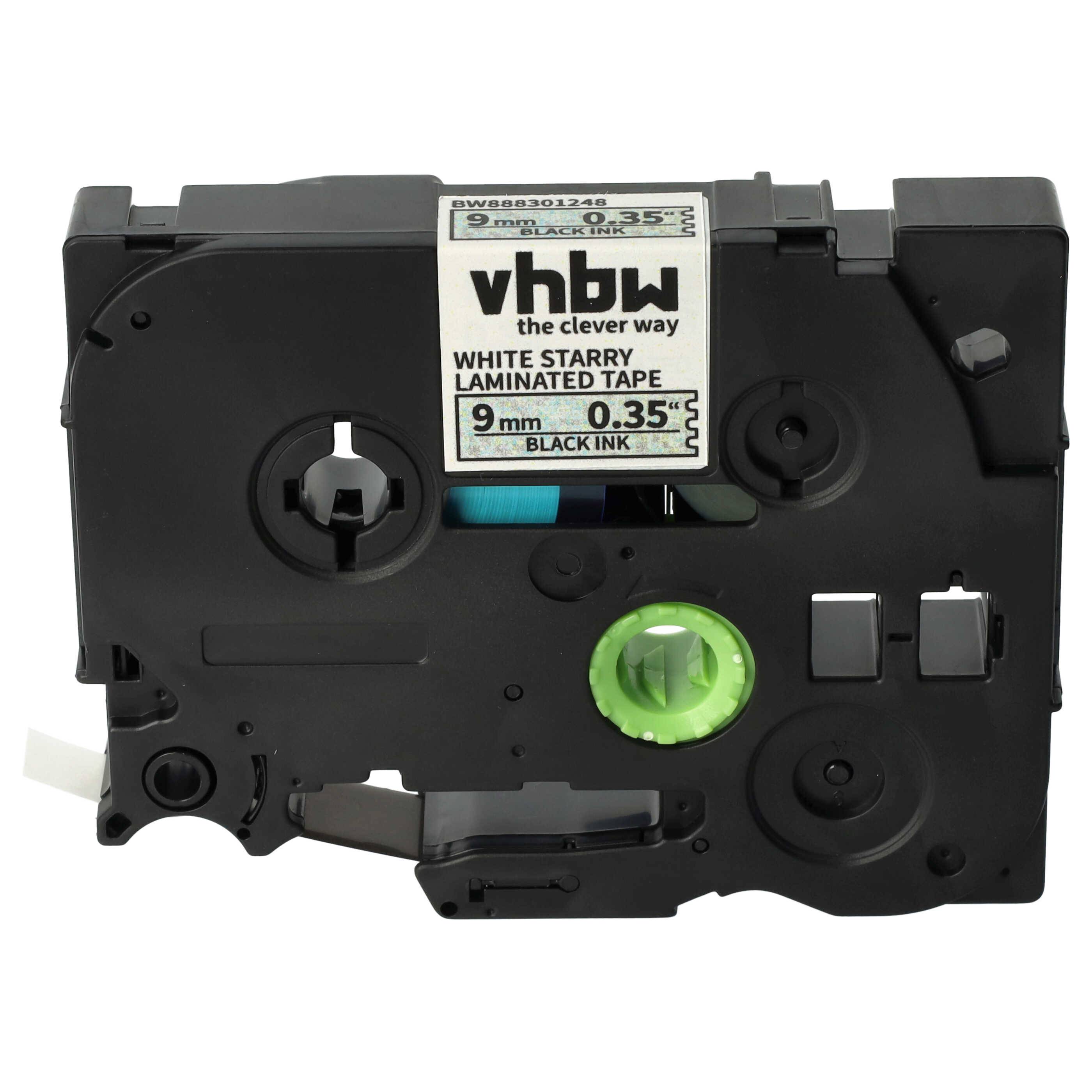 vhbw Schriftband-Kassette kompatibel mit Brother PT 200, 2000, 1850, 1800, 1750 Etiketten-Drucker 8m x 9mm Schwarz auf Weiss (Glitter), Laminiert