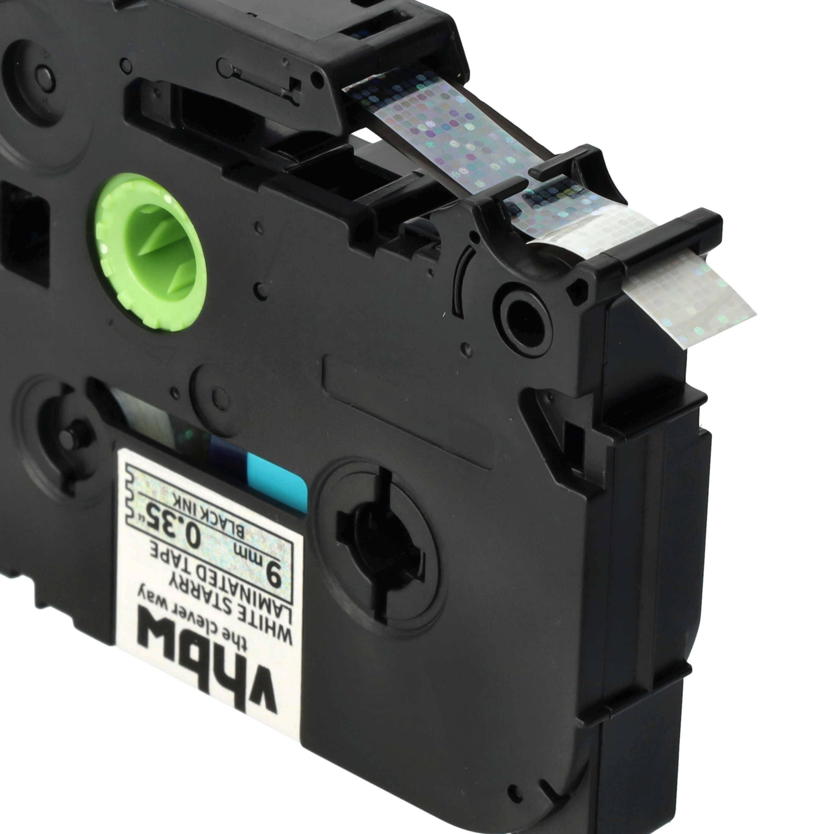 vhbw Schriftband-Kassette kompatibel mit Brother PT 200, 2000, 1850, 1800, 1750 Etiketten-Drucker 8m x 9mm Schwarz auf Weiss (Glitter), Laminiert