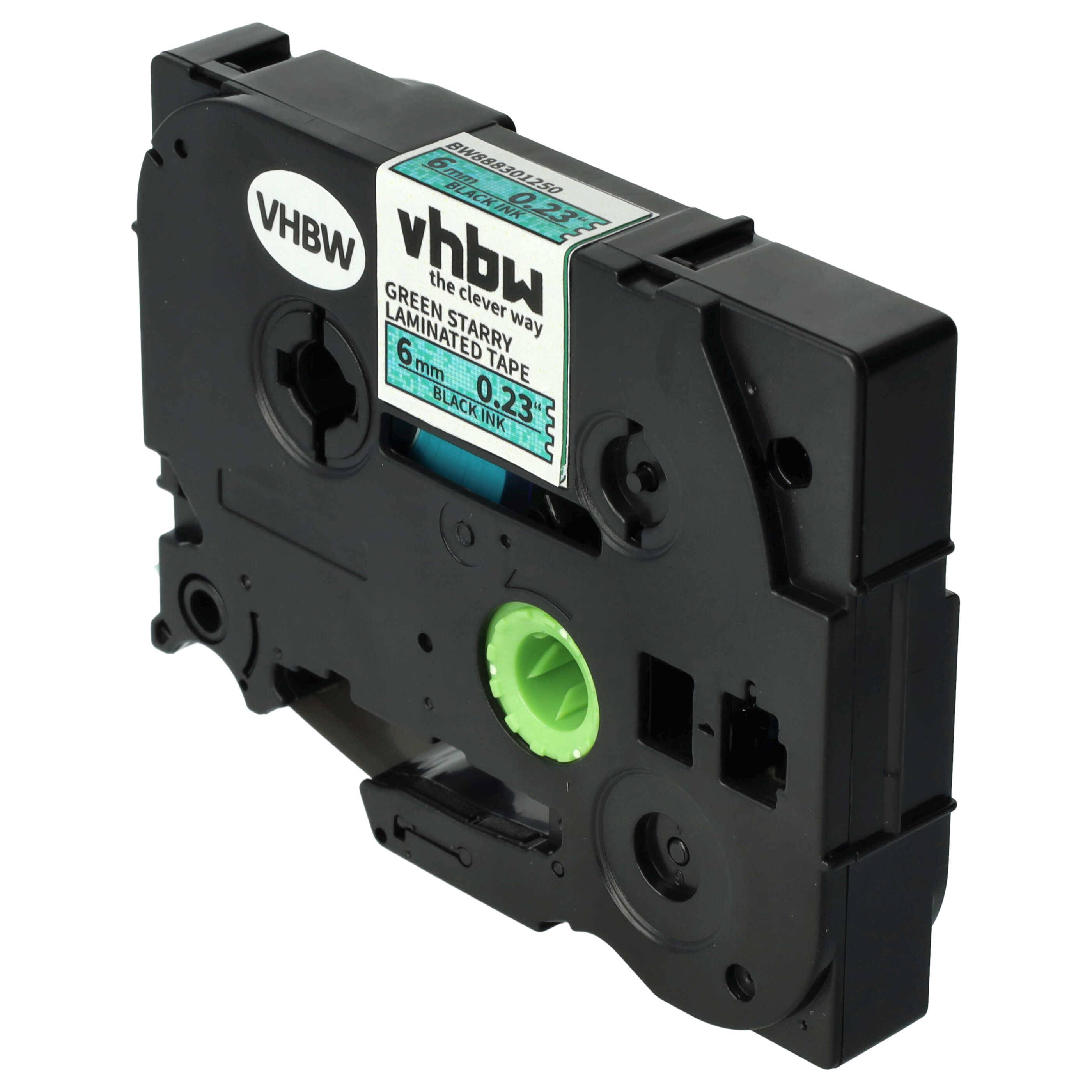 vhbw Schriftband-Kassette kompatibel mit Brother PT 1000, 1200, 1090, 1080, 1010 Etiketten-Drucker 8m x 6mm Schwarz auf Grün (Glitter), Laminiert