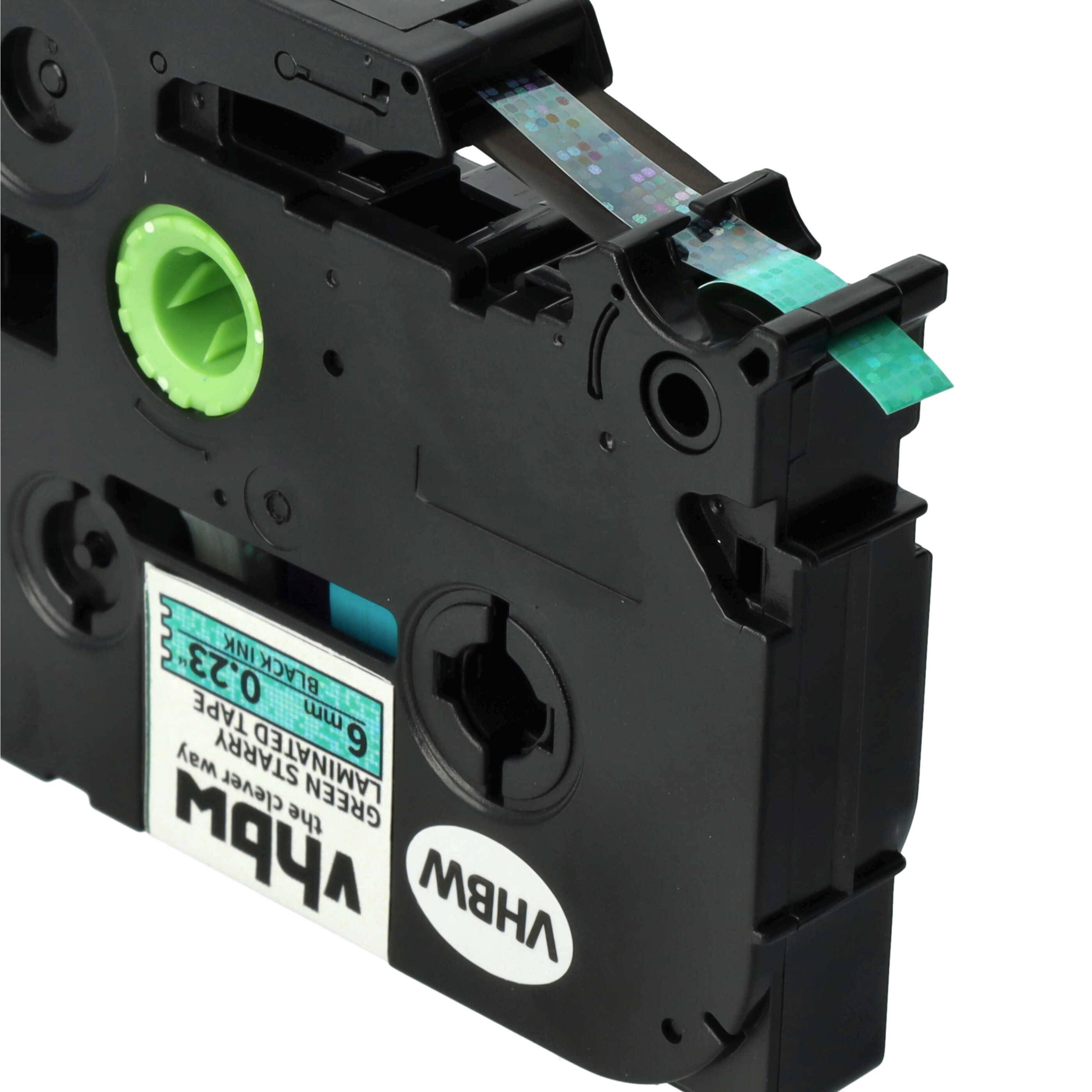 vhbw Schriftband-Kassette kompatibel mit Brother PT 2480, 2470, 2460, 2450, 2400 Etiketten-Drucker 8m x 6mm Schwarz auf Grün (Glitter), Laminiert