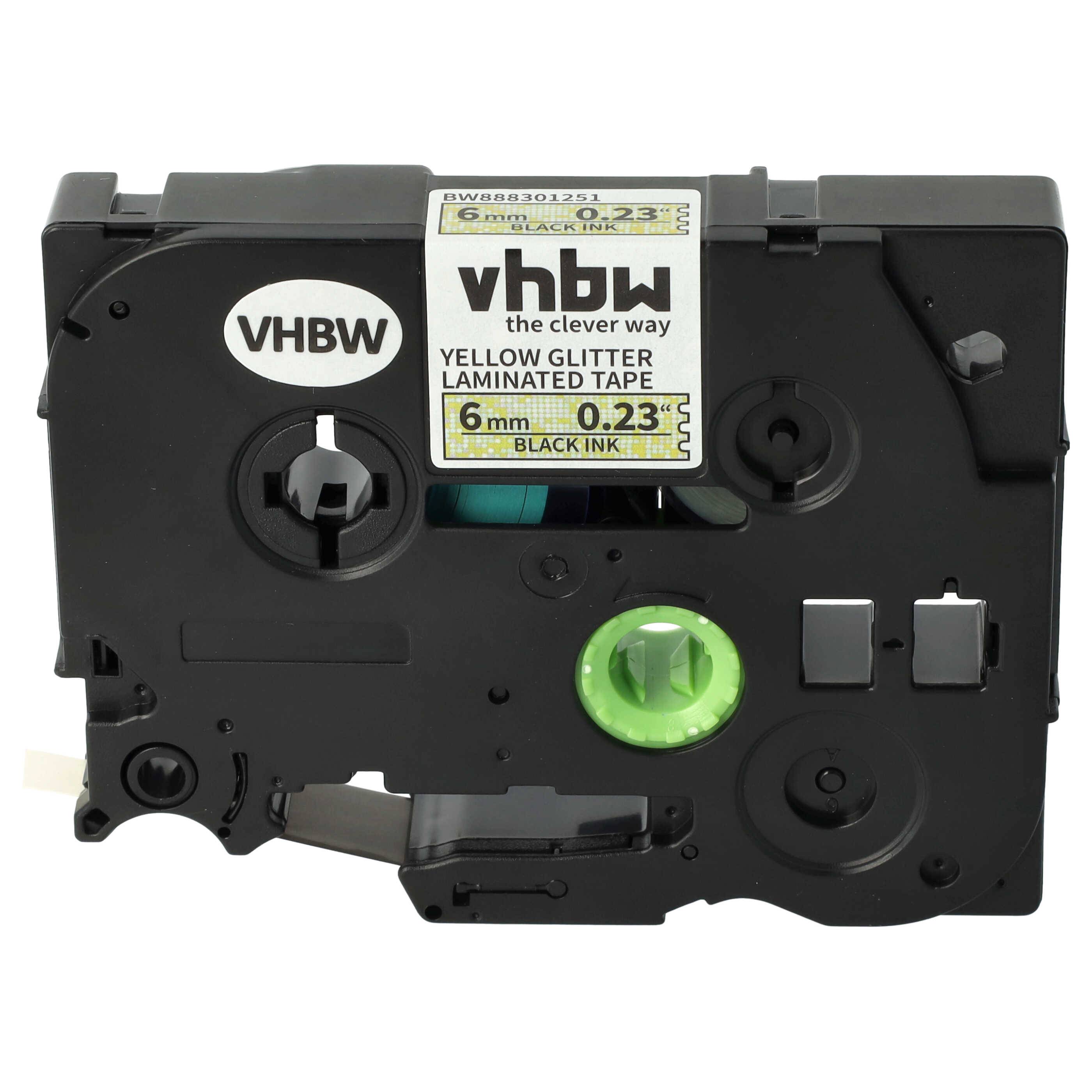 vhbw Schriftband-Kassette kompatibel mit Brother PT 9600 | 9400, 900, 550, 540, 9000 Etiketten-Drucker 8m x 6mm Schwarz auf Gelb (Glitter)