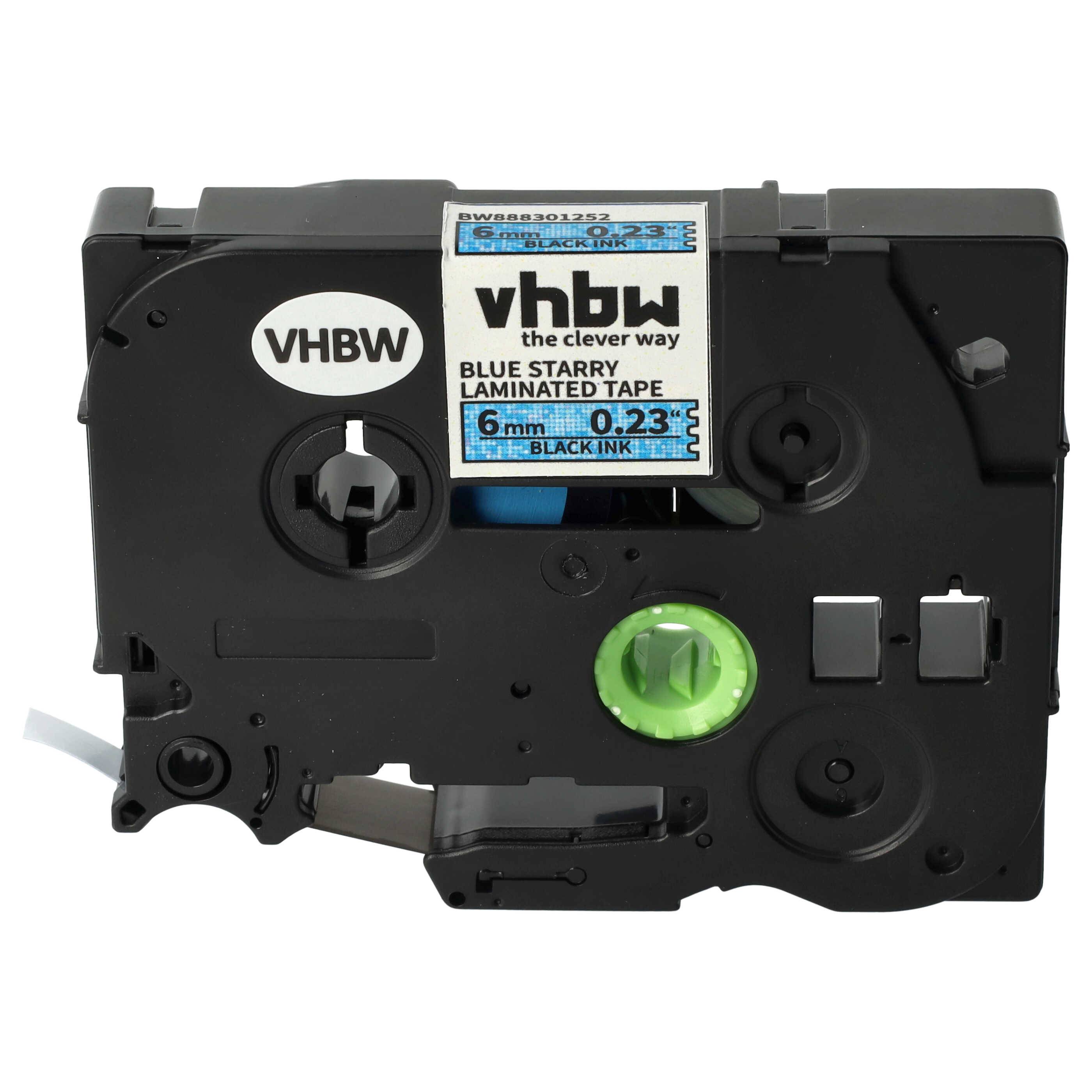 vhbw Schriftband-Kassette kompatibel mit Brother PT 1000, 1200, 1090, 1080, 1010 Etiketten-Drucker 8m x 6mm Schwarz auf Blau (Glitter), Laminiert