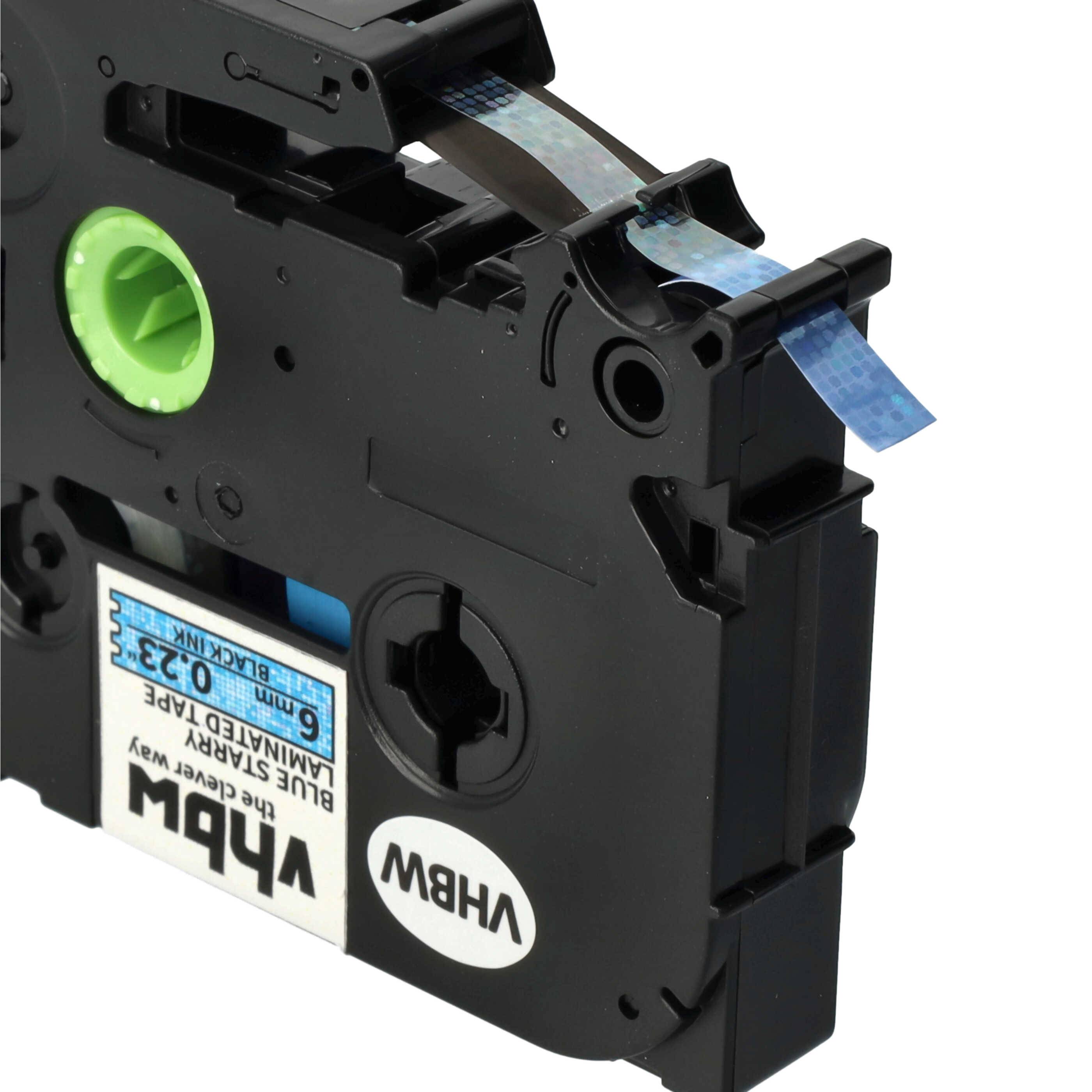 vhbw Schriftband-Kassette kompatibel mit Brother PT 1280, 1250, 1230PC, 1200P, 1290 Etiketten-Drucker 8m x 6mm Schwarz auf Blau (Glitter), Laminiert