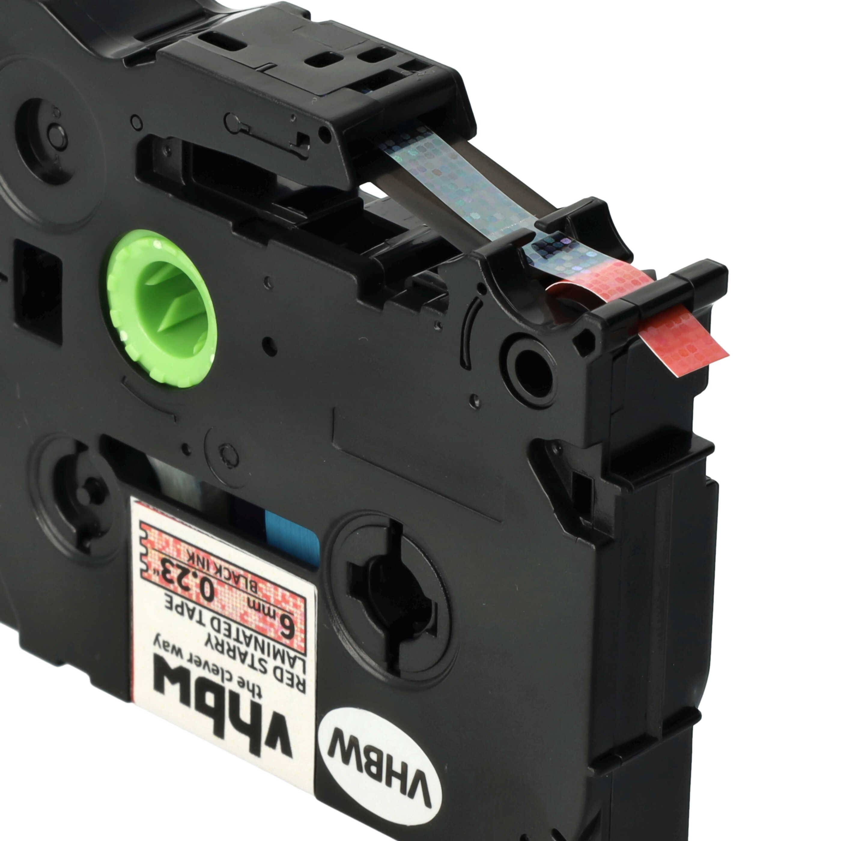 vhbw Schriftband-Kassette kompatibel mit Brother PT 1280, 1250, 1230PC, 1200P, 1290 Etiketten-Drucker 8m x 6mm Schwarz auf Rot (Glitter), Laminiert