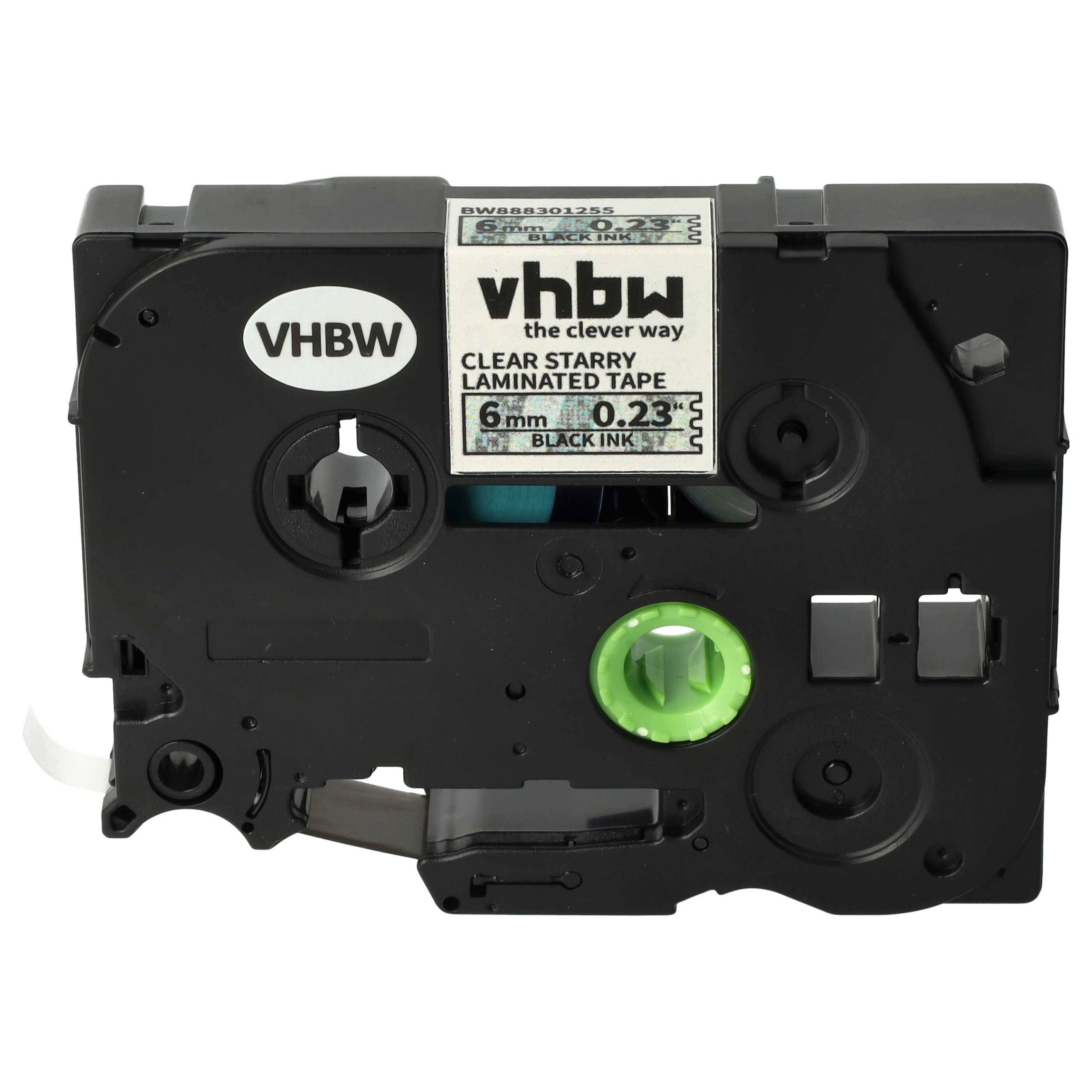 vhbw Schriftband-Kassette kompatibel mit Brother PT 1280, 1800, 1750, 1290 Etiketten-Drucker 8m x 6mm Schwarz auf Transparent (Glitter), Laminiert